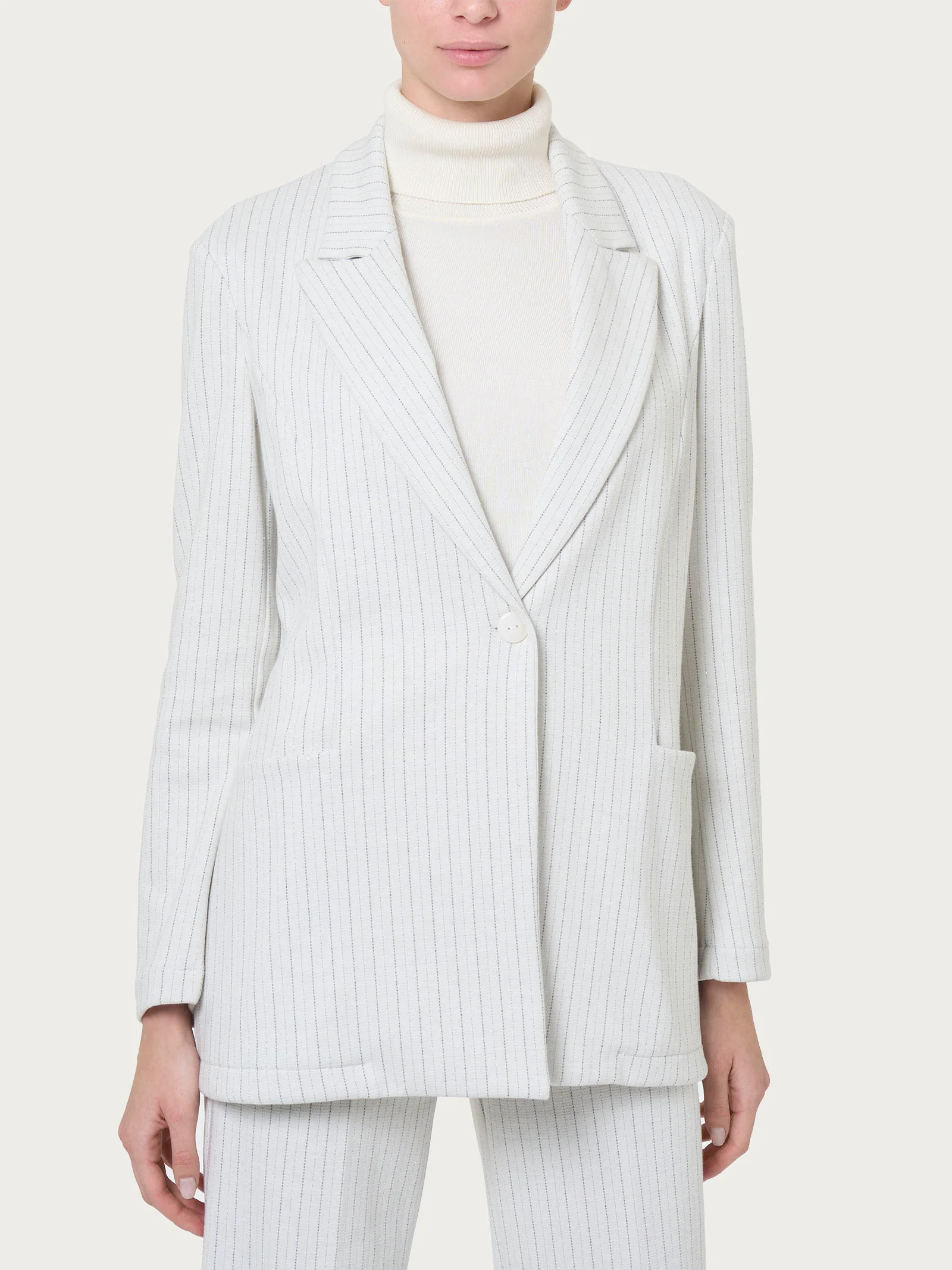 Blazer over destrutturato gessato in tessuto Eco Jacquard - Fant.Argento Mel.