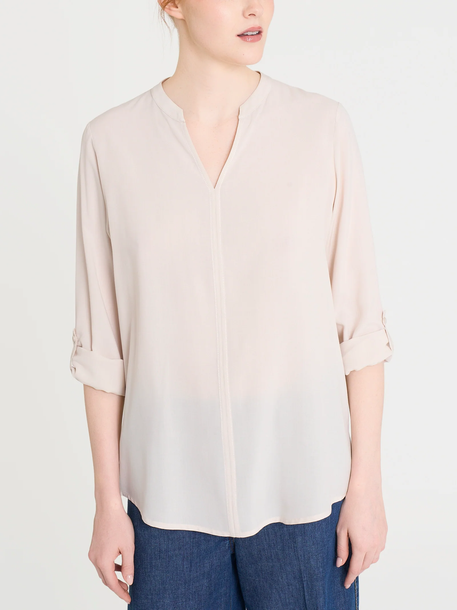 Blusa con collo alla coreana e manica risvoltabile in Ecoseta - Champignon