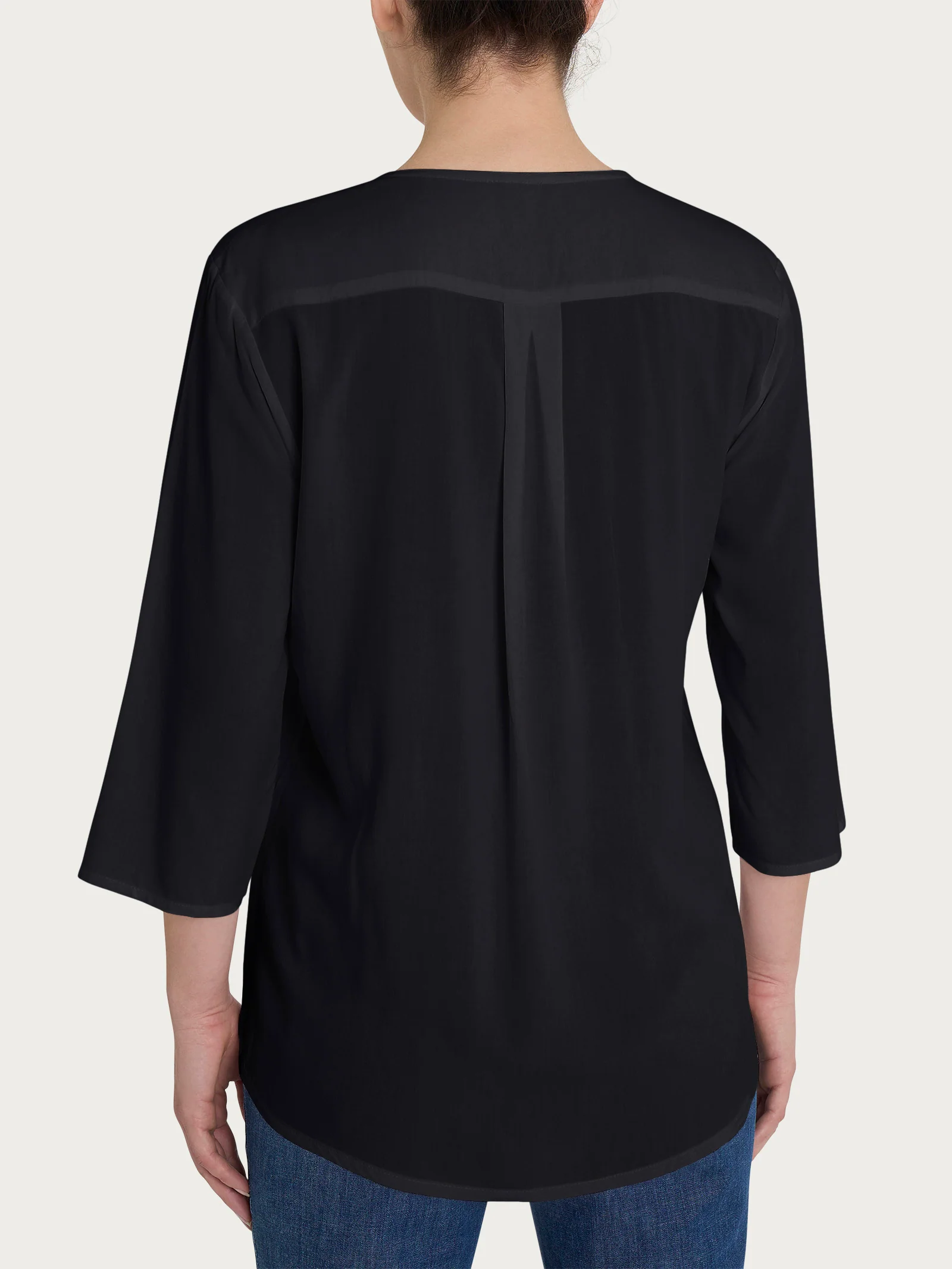 Blusa con scollo a V e manica 3/4 in Ecoseta - Nero - Image 4