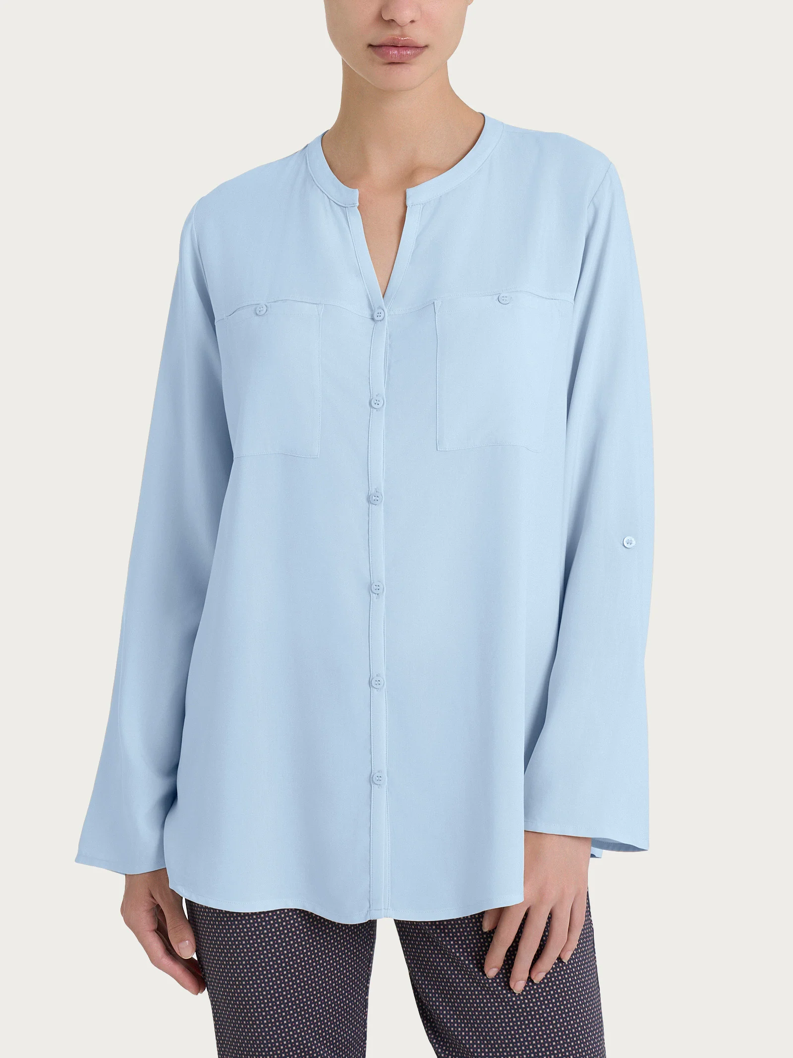 Camicia con collo alla coreana in EcoSeta - Skyway