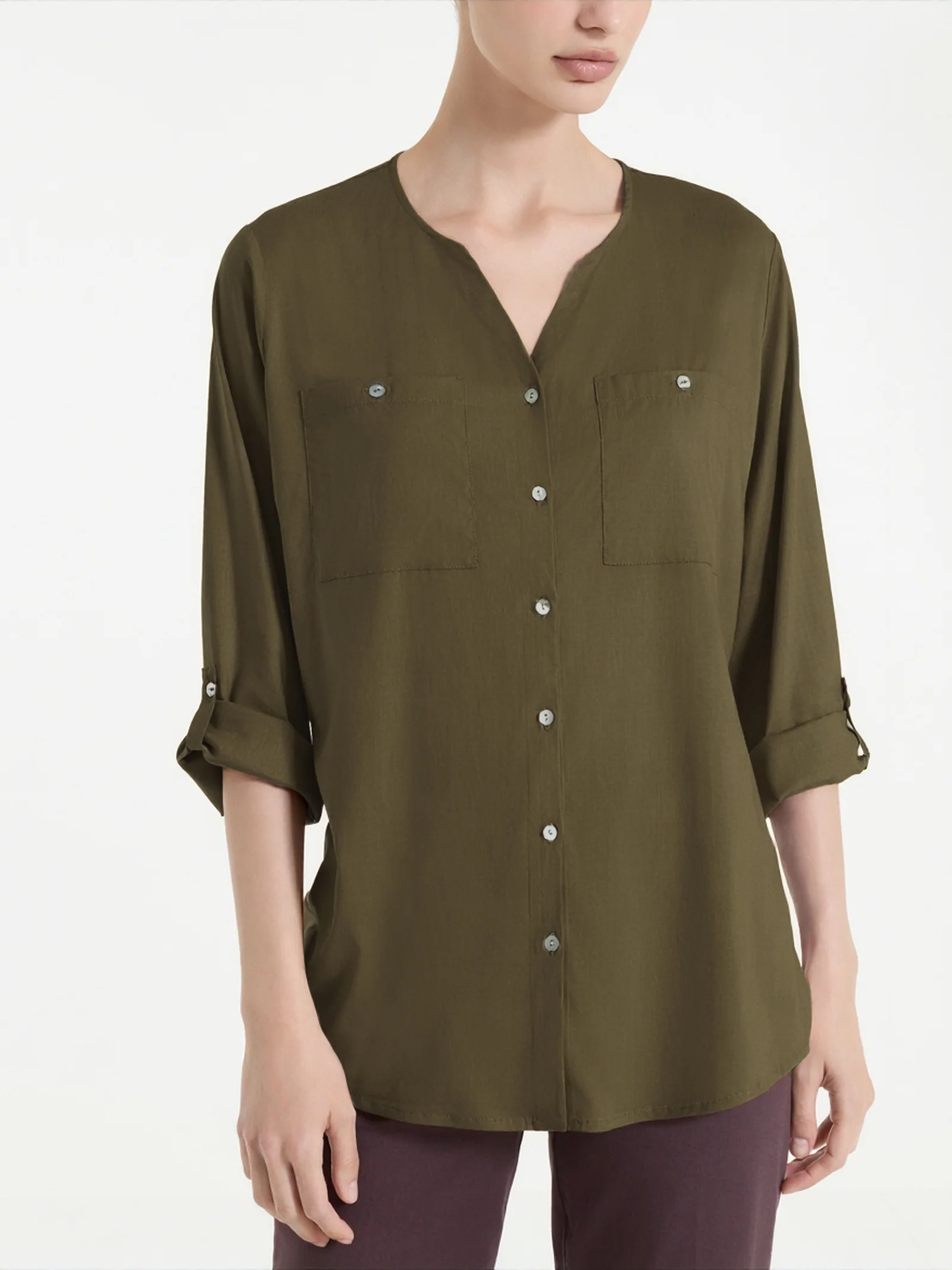 Camicia con manica risvoltabile in Voile Stretch - Dark Olive