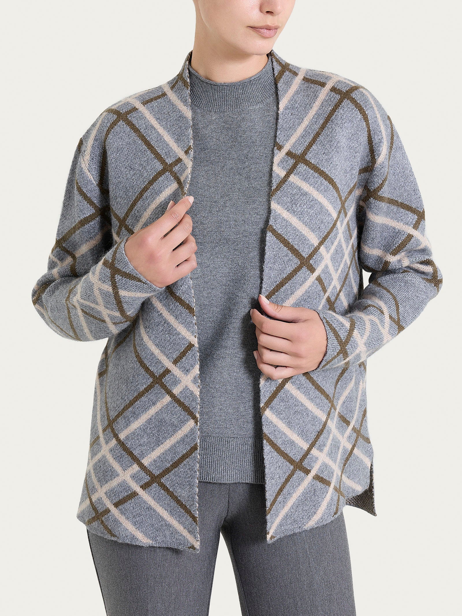 Cardigan aperto con fantasia check in Natural Soft - Fant. Ferro Mel.