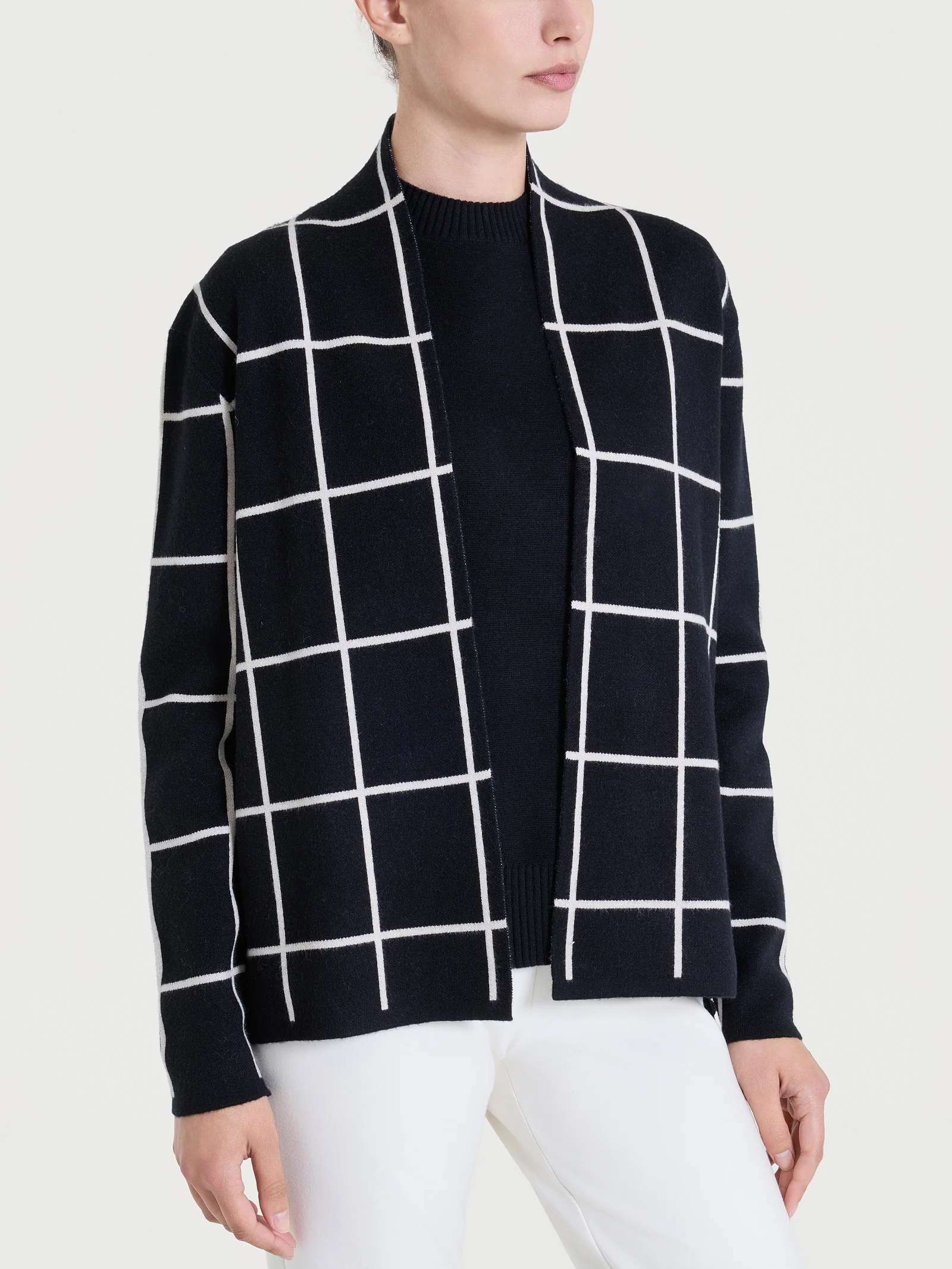 Cardigan aperto con fantasia check in Super Soft - Fant.Nero