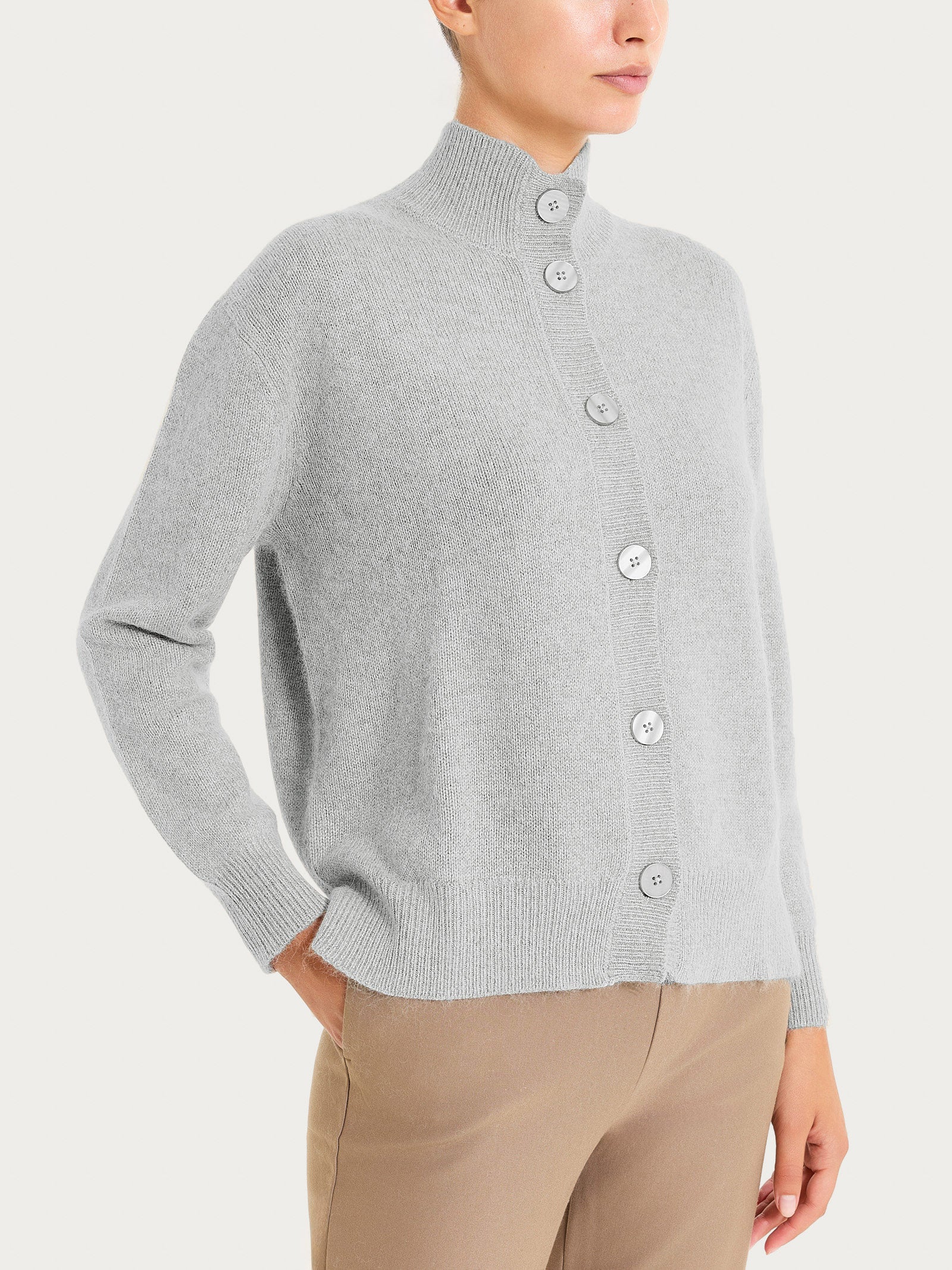 Cardigan con collo alto in Natural Soft - Ghiaia Mel.