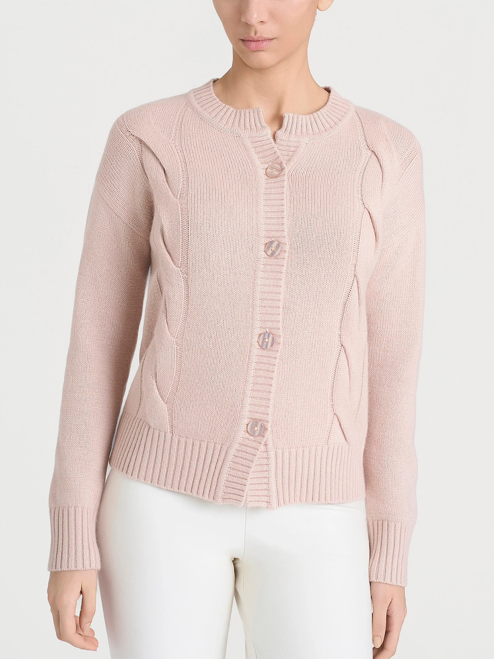 Cardigan corto con trecce laterali in Natural Soft - Cameo Rose
