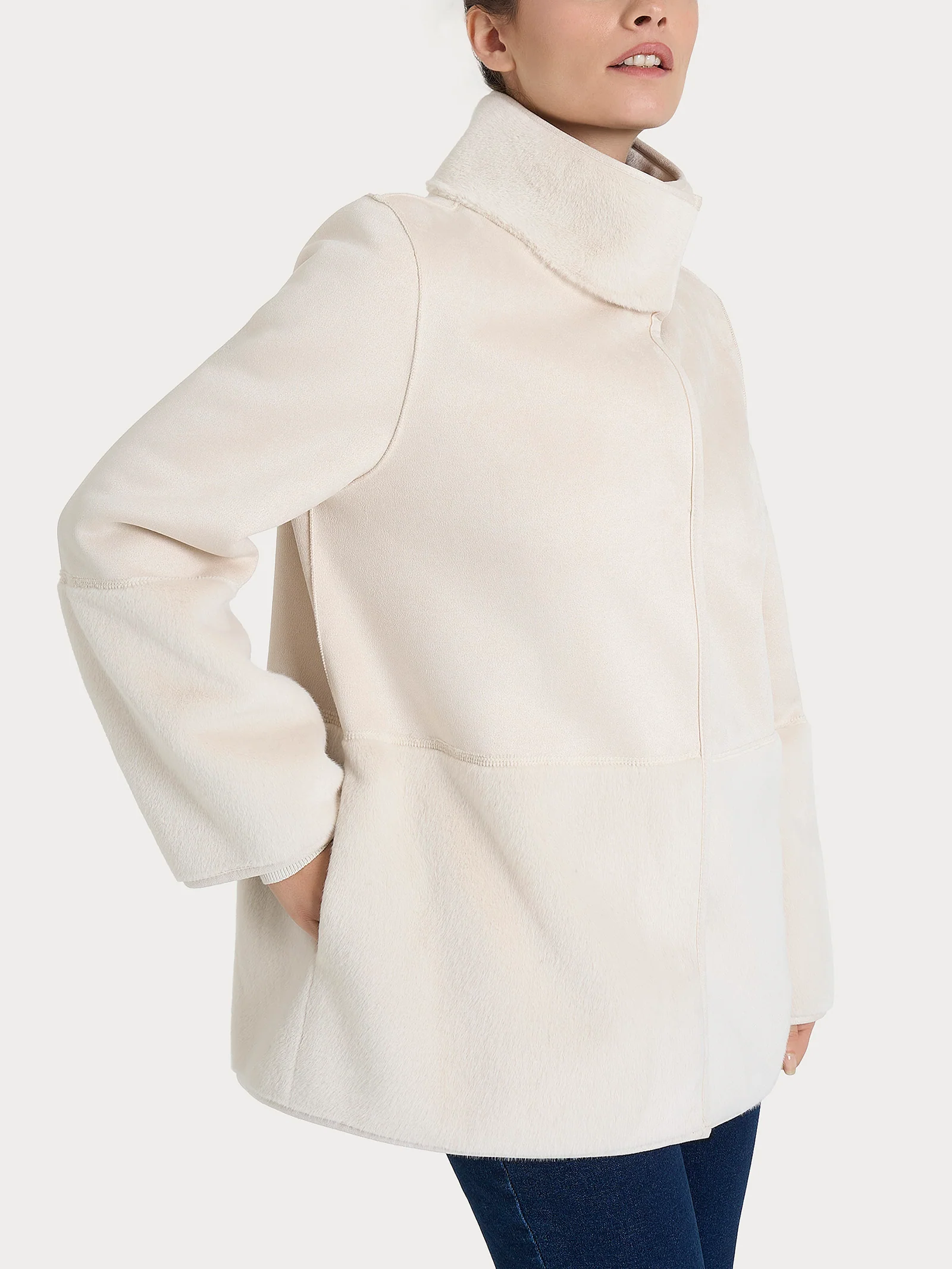 Giacca lunga con collo alto double-face in Vegan Shearling  - Champignon - Image 2