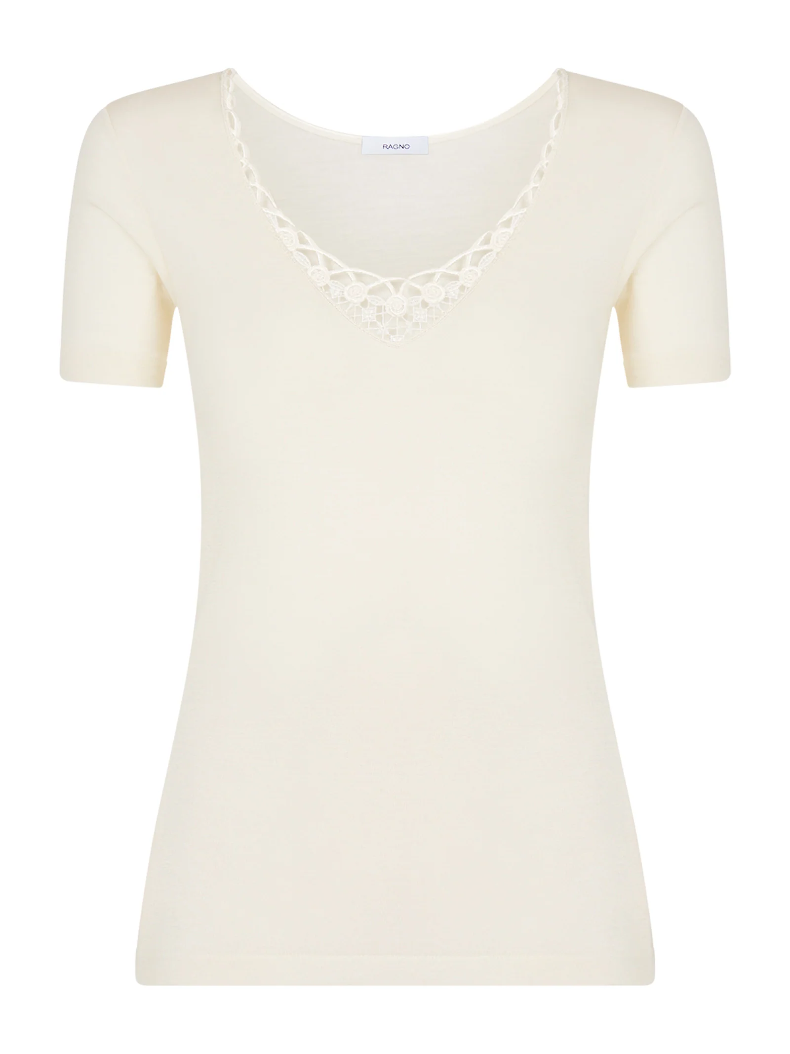 Lana Seta - Maglietta a manica corta in lana e seta con macramè - B.co Lana
