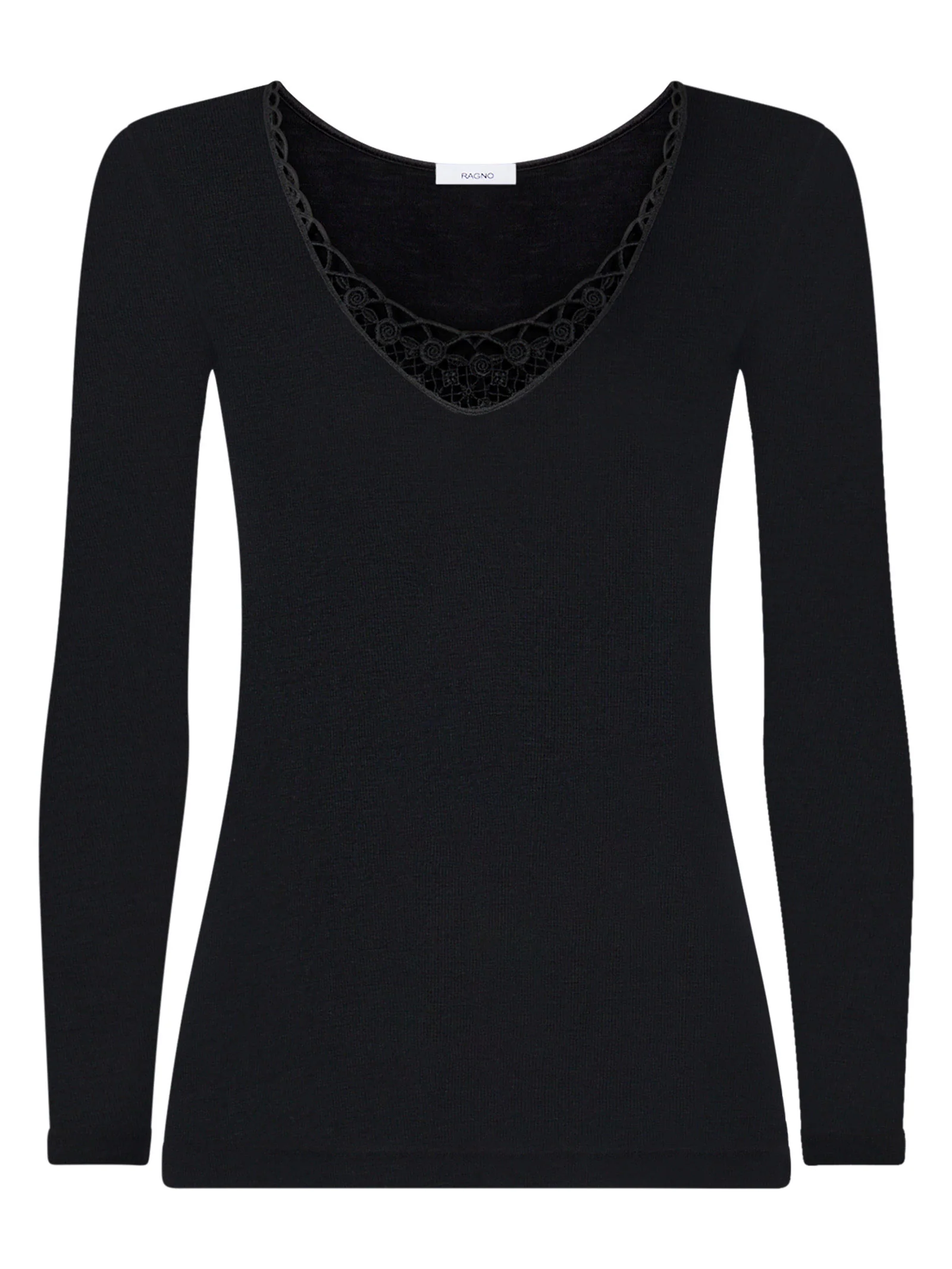 Lana Seta - Maglietta a manica lunga in lana e seta con macramè - Nero