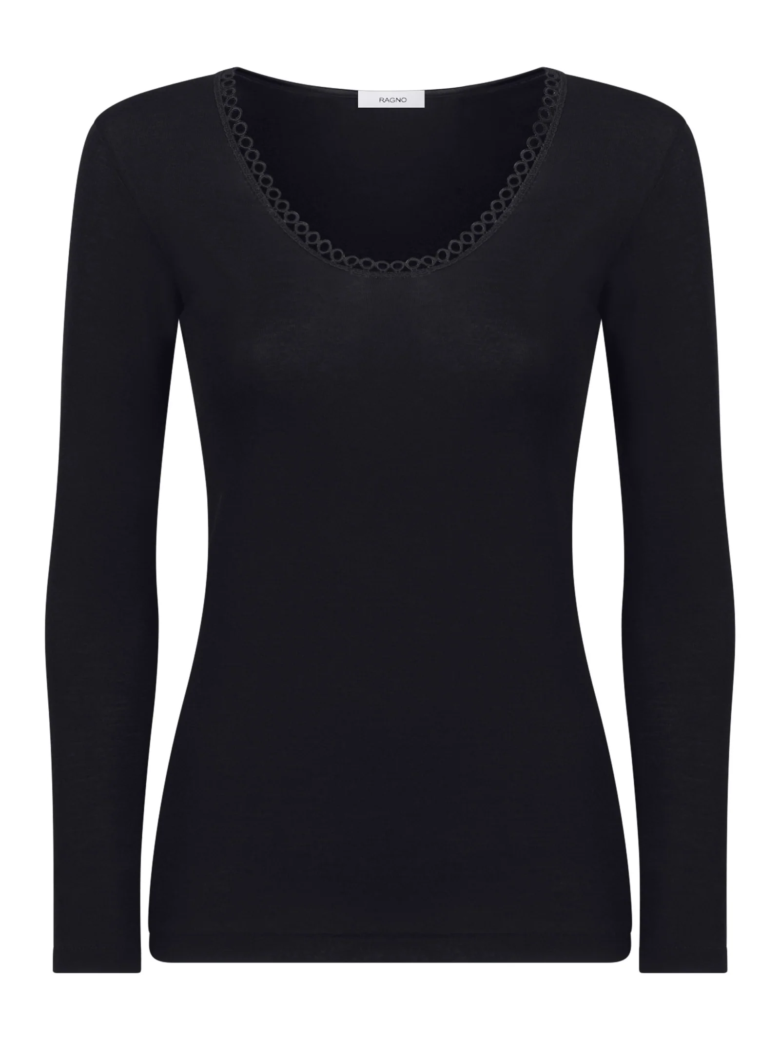 Lana Seta - Maglietta a manica lunga in maglia unita di lana e seta con pizzo - Nero