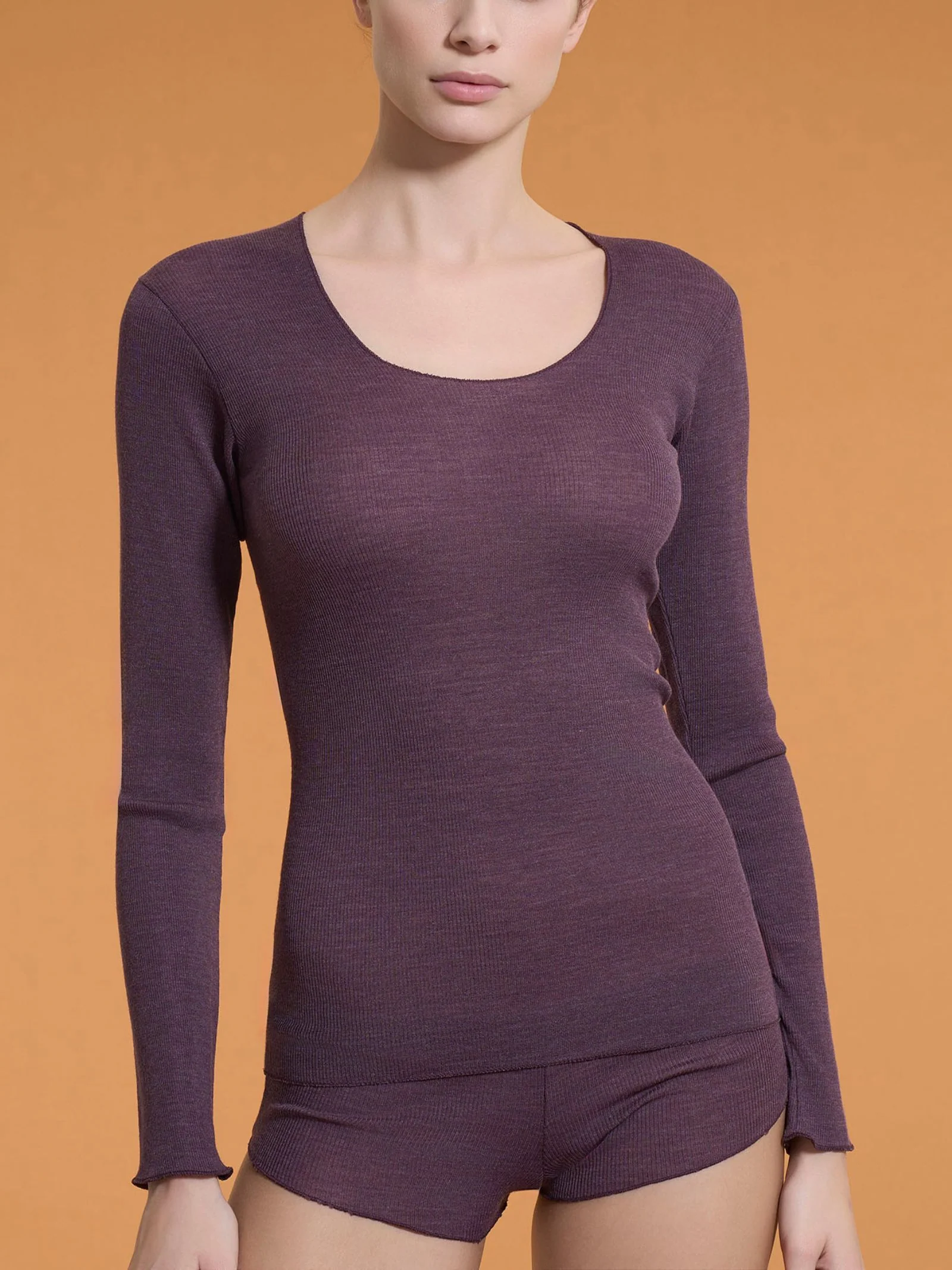 Lana Seta - Maglietta con manica lunga in costina di lana e seta - Plum Perfect Mel.