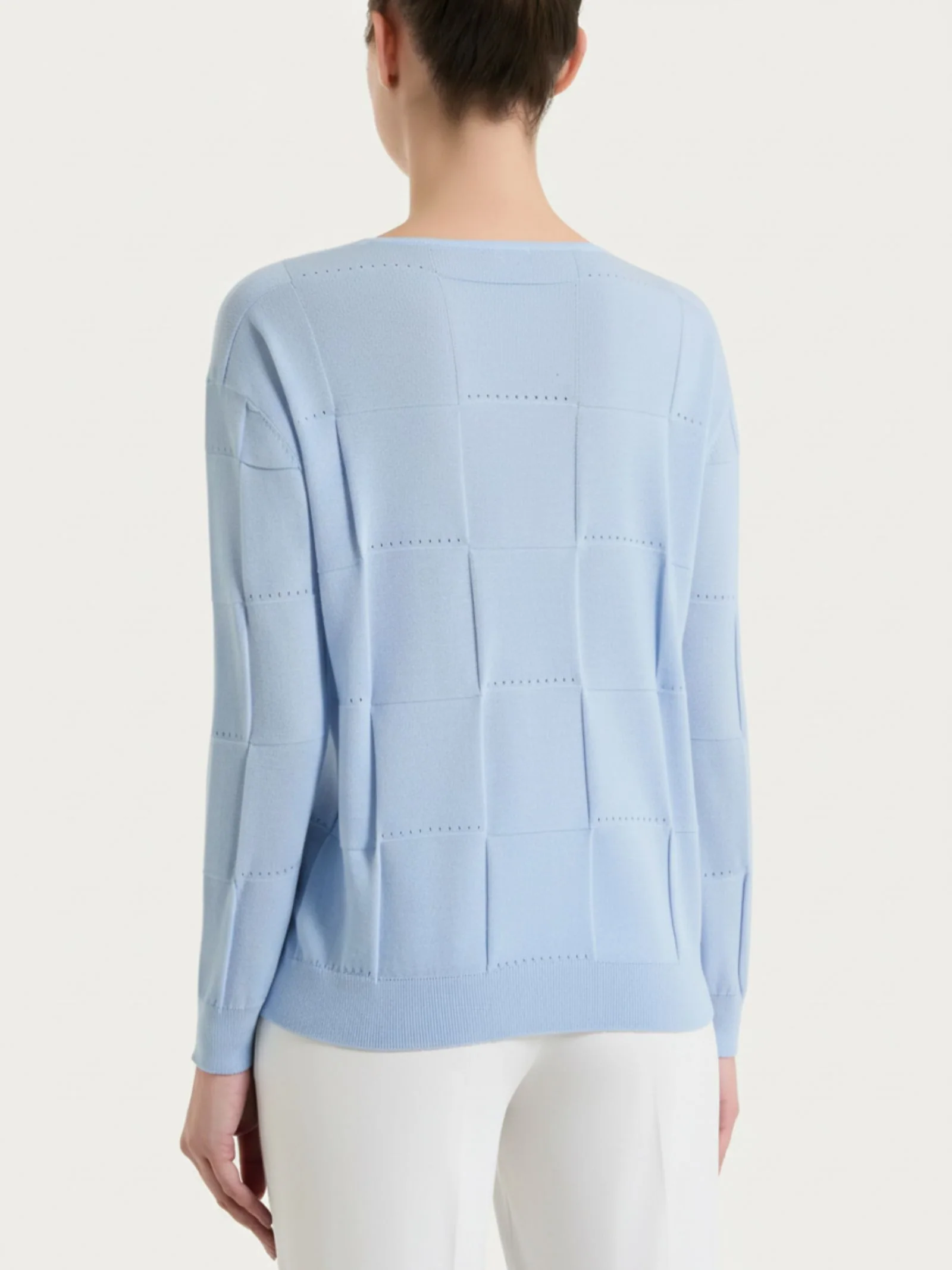 Maglia a manica lunga con fantasia check in Puro Cotone - Dusty Blue - Image 2