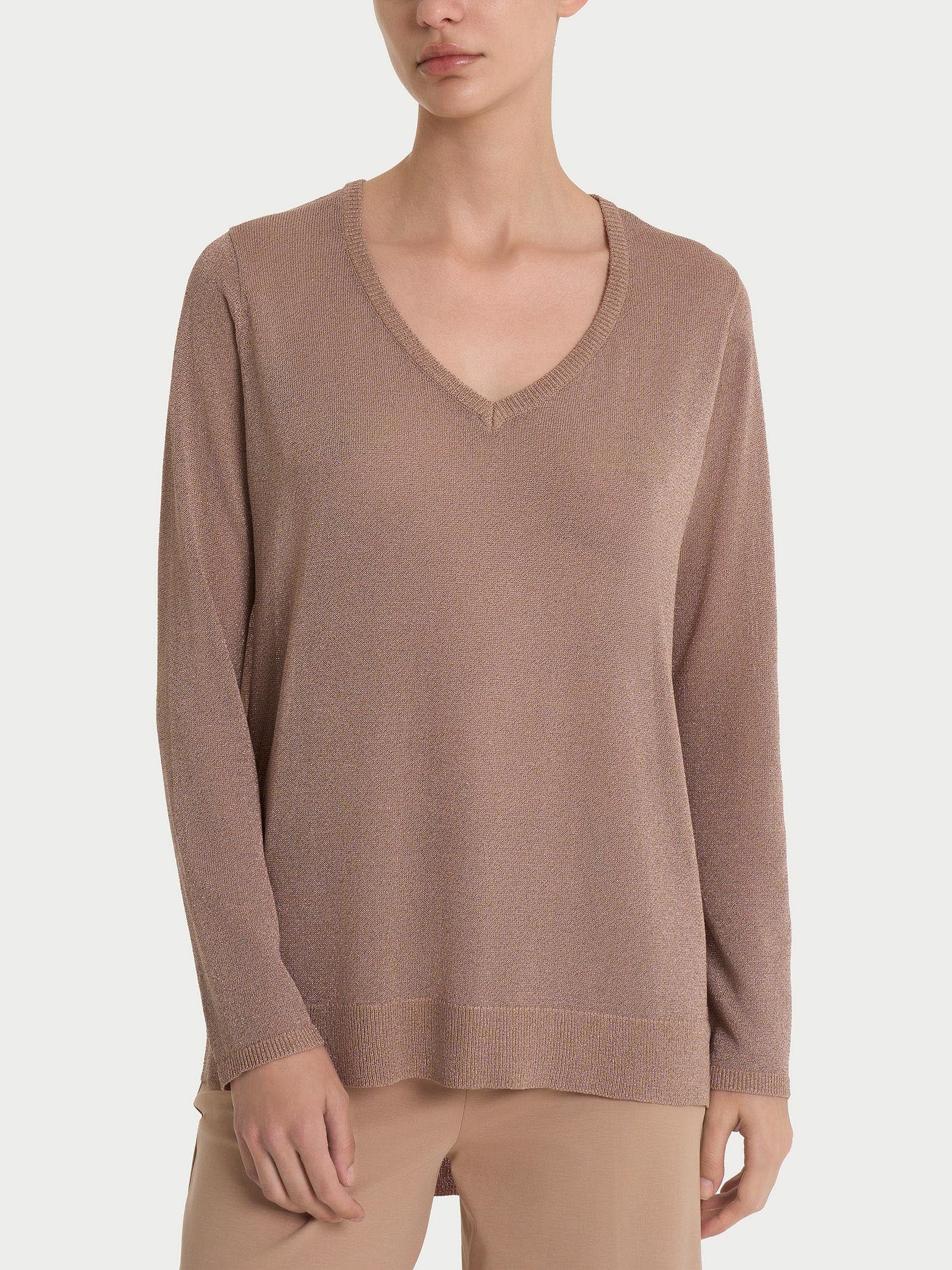 Maglia con scollo a V e manica lunga in Crêpe Lurex - Warm Taupe