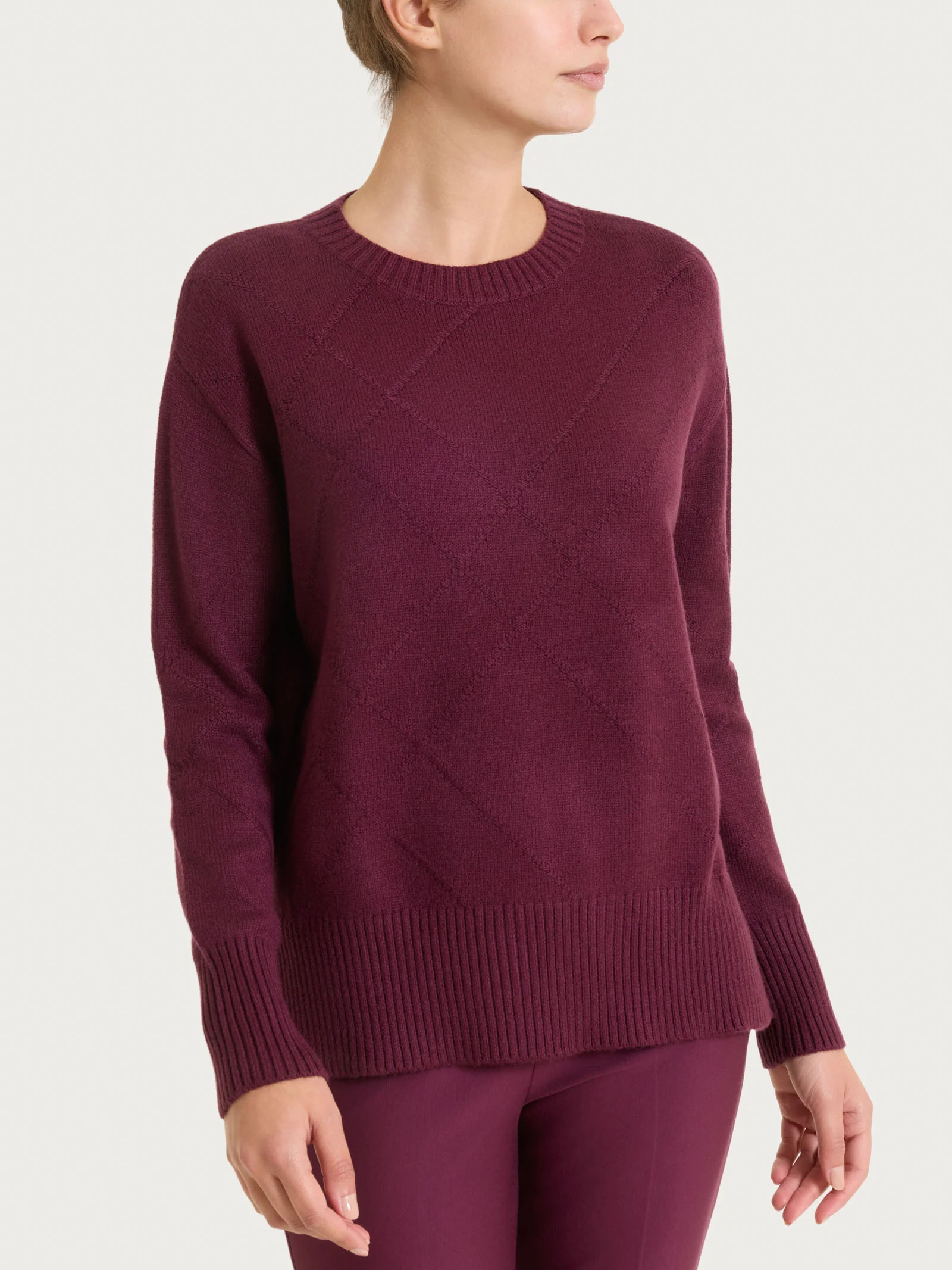 Maglia girocollo con fantasia check diagonale in Super Soft - Fig