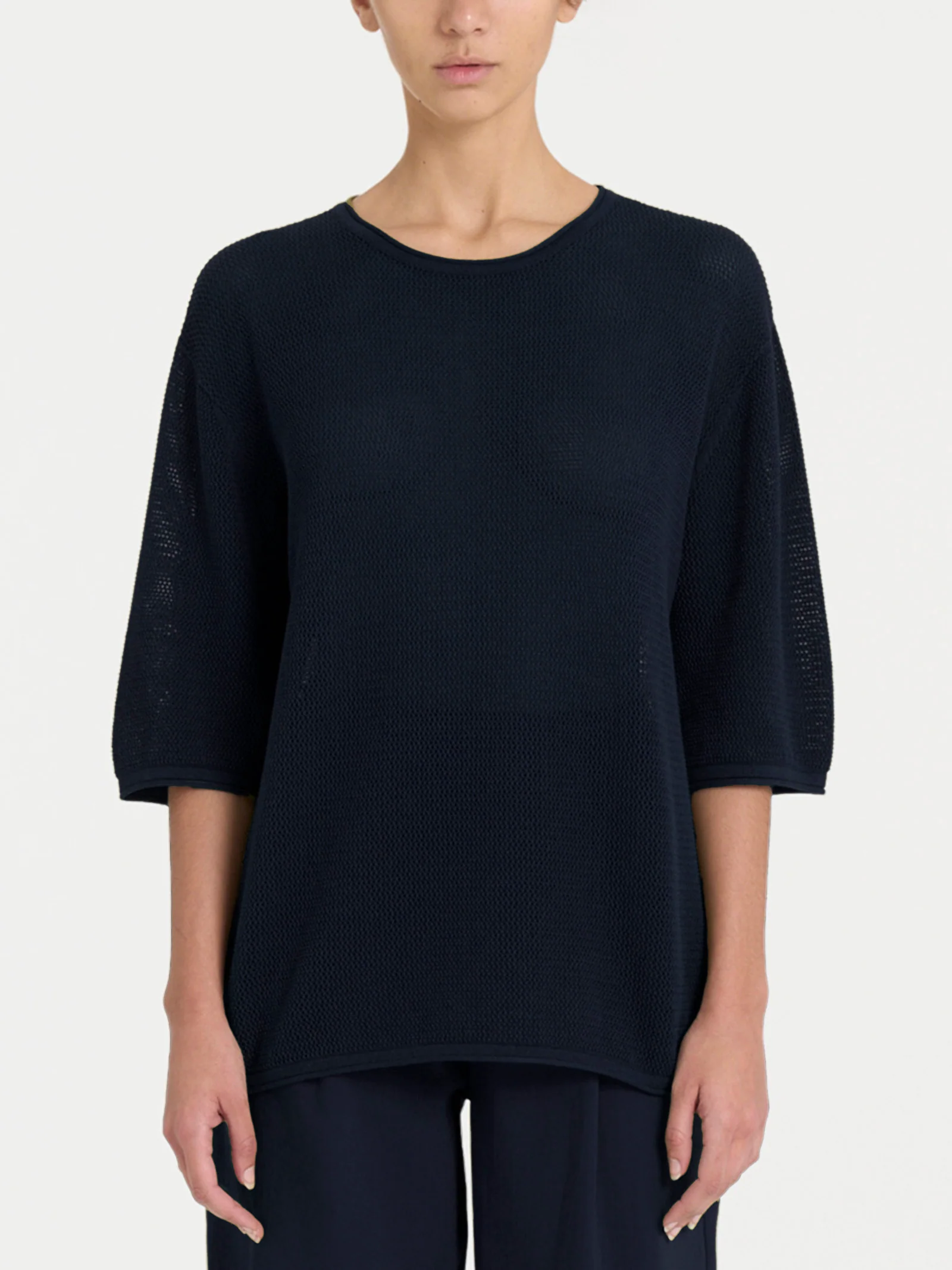 Maglia girocollo con punto rete in puro cotone - Bleu