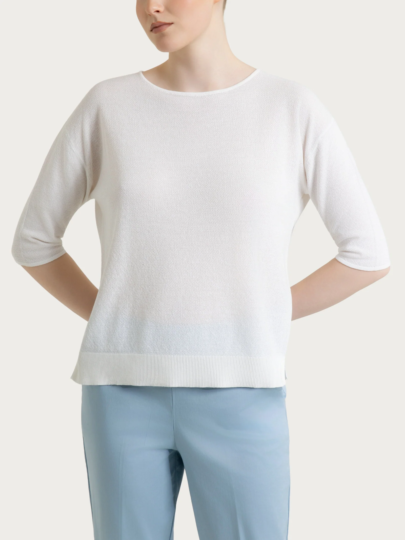 Maglia girocollo in punto piquet di puro cotone - Bianco