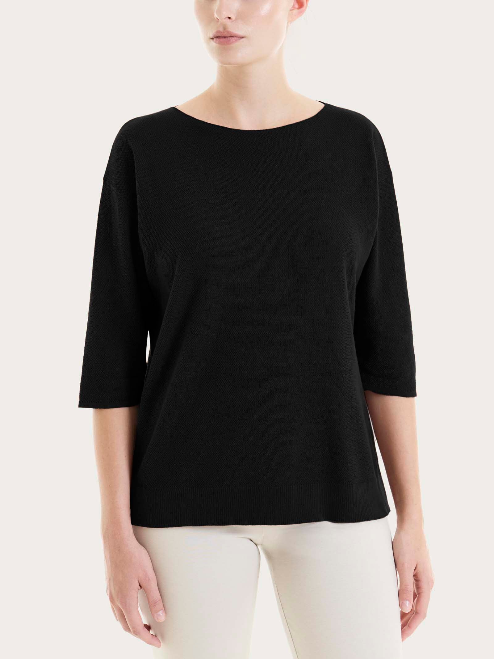 Maglia girocollo in punto piquet di puro cotone - Nero