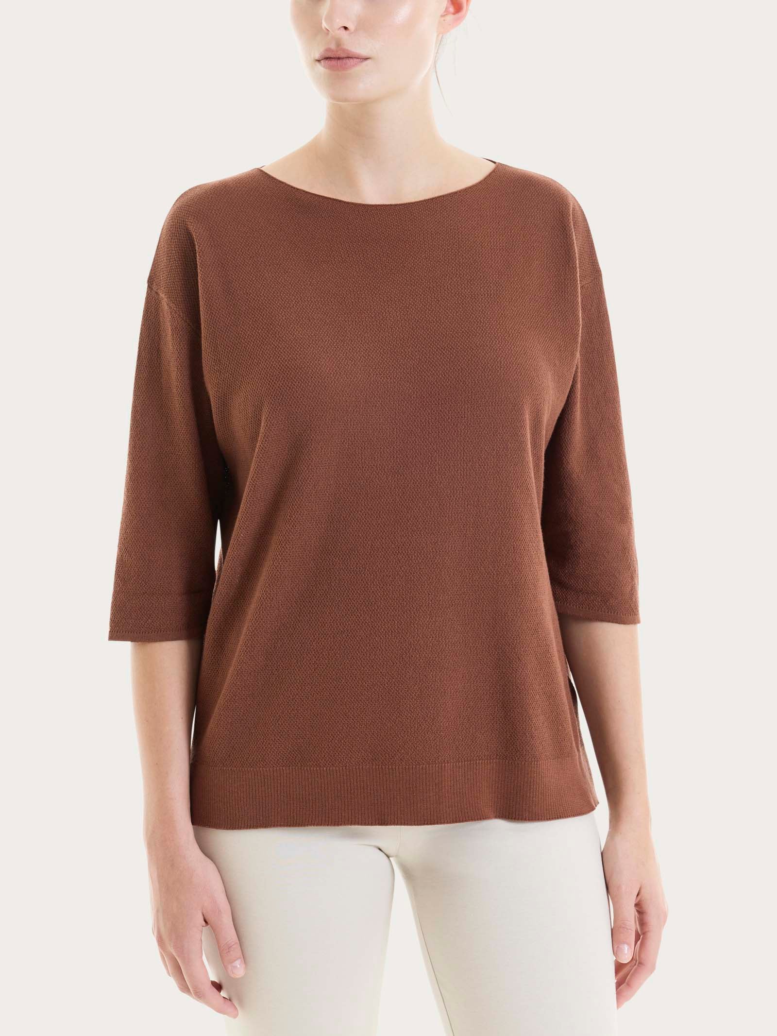 Maglia girocollo in punto piquet di puro cotone - Cappuccino