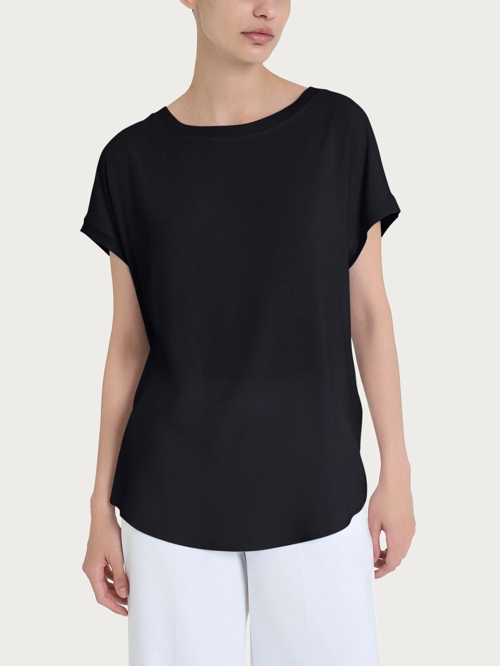 Maglietta con manica corta kimono in Misto Viscosa - Nero