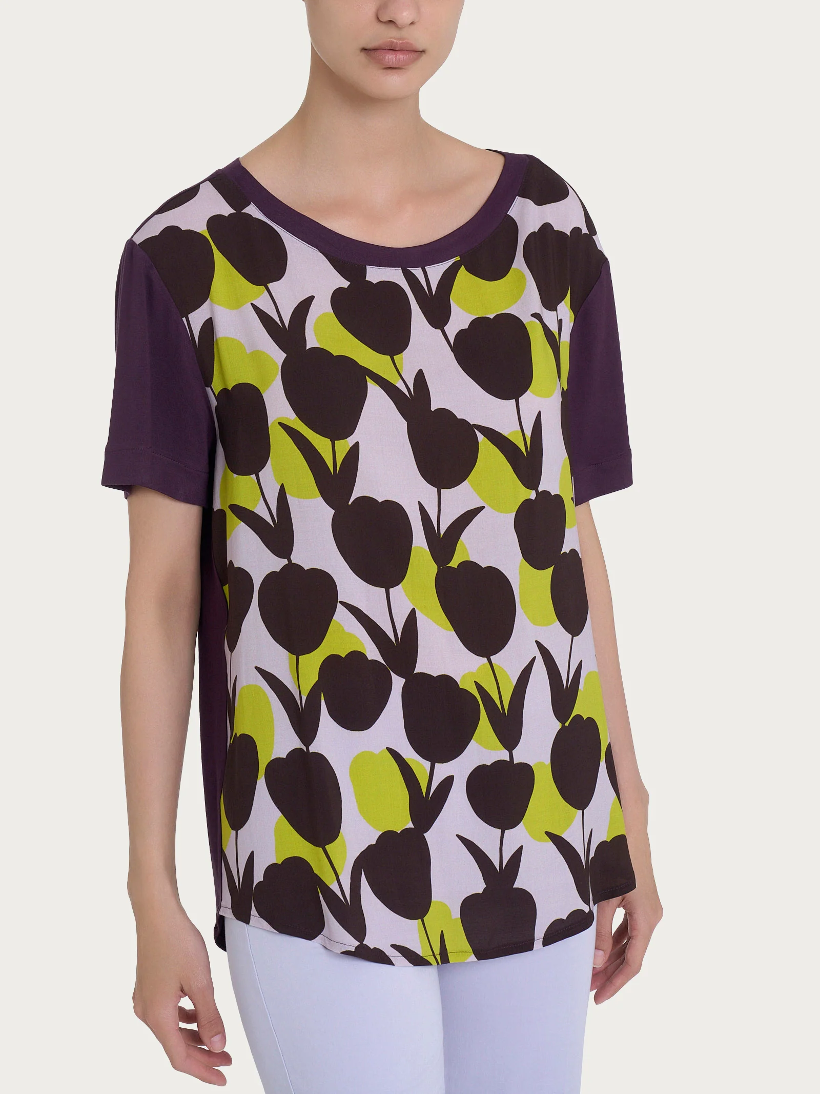 Maglietta con scollo a barchetta e tulips pattern in Misto Viscosa - Fant. Grenoble Green