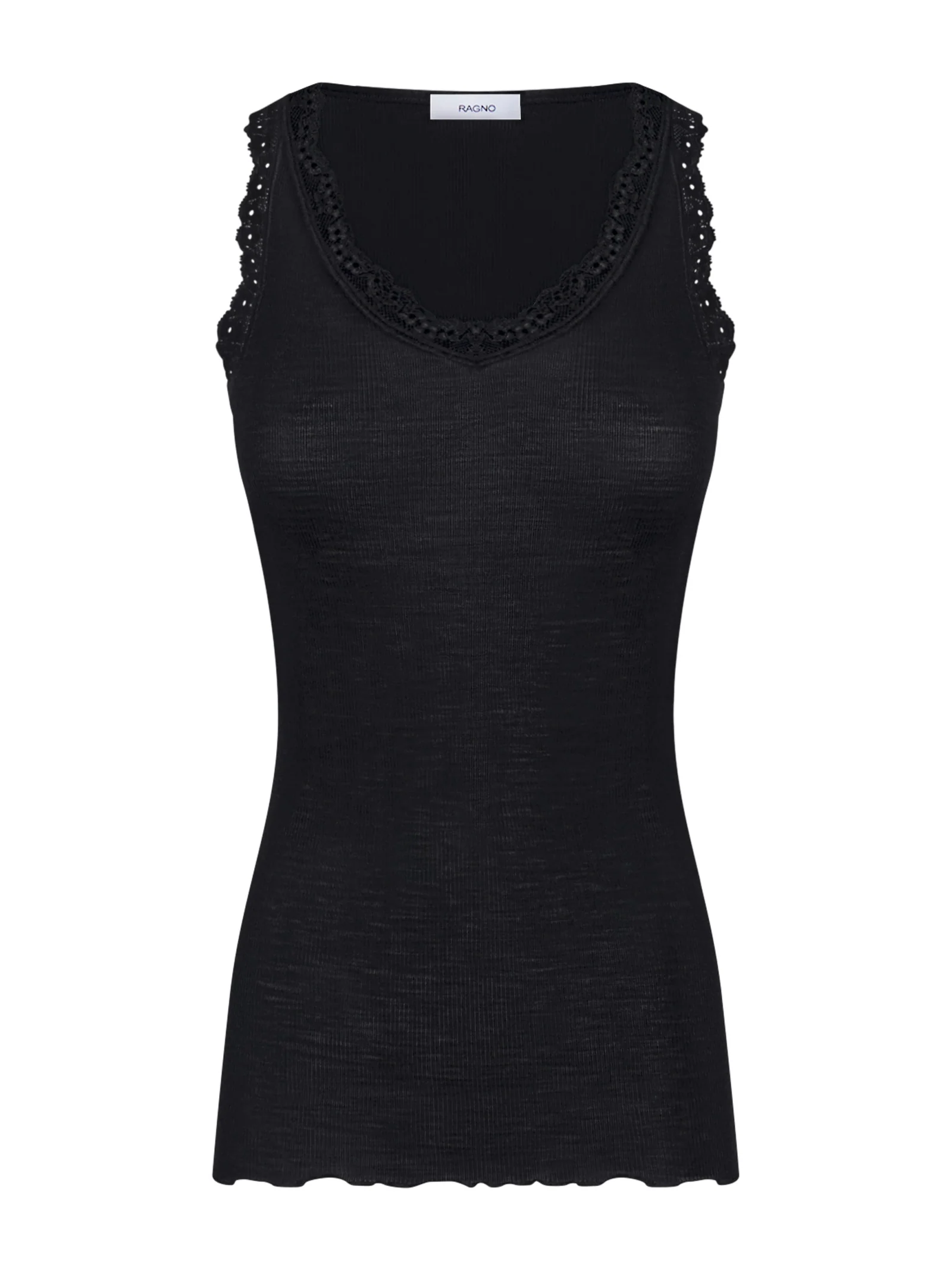 Merino Seta - Canottiera scollo a V in lana e seta con pizzo - Nero