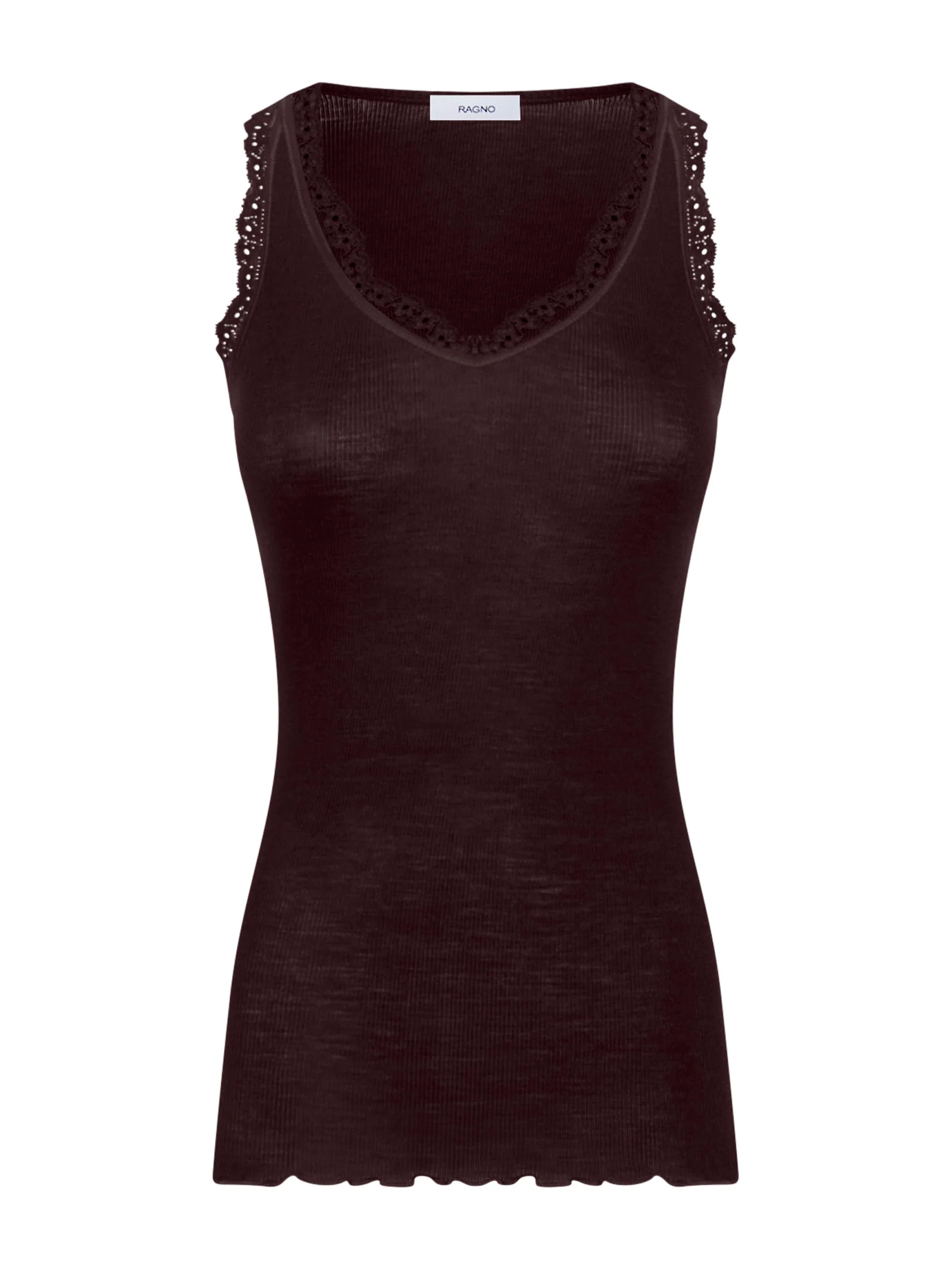 Merino Seta - Canottiera scollo a V in lana e seta con pizzo - Chocolate Torte