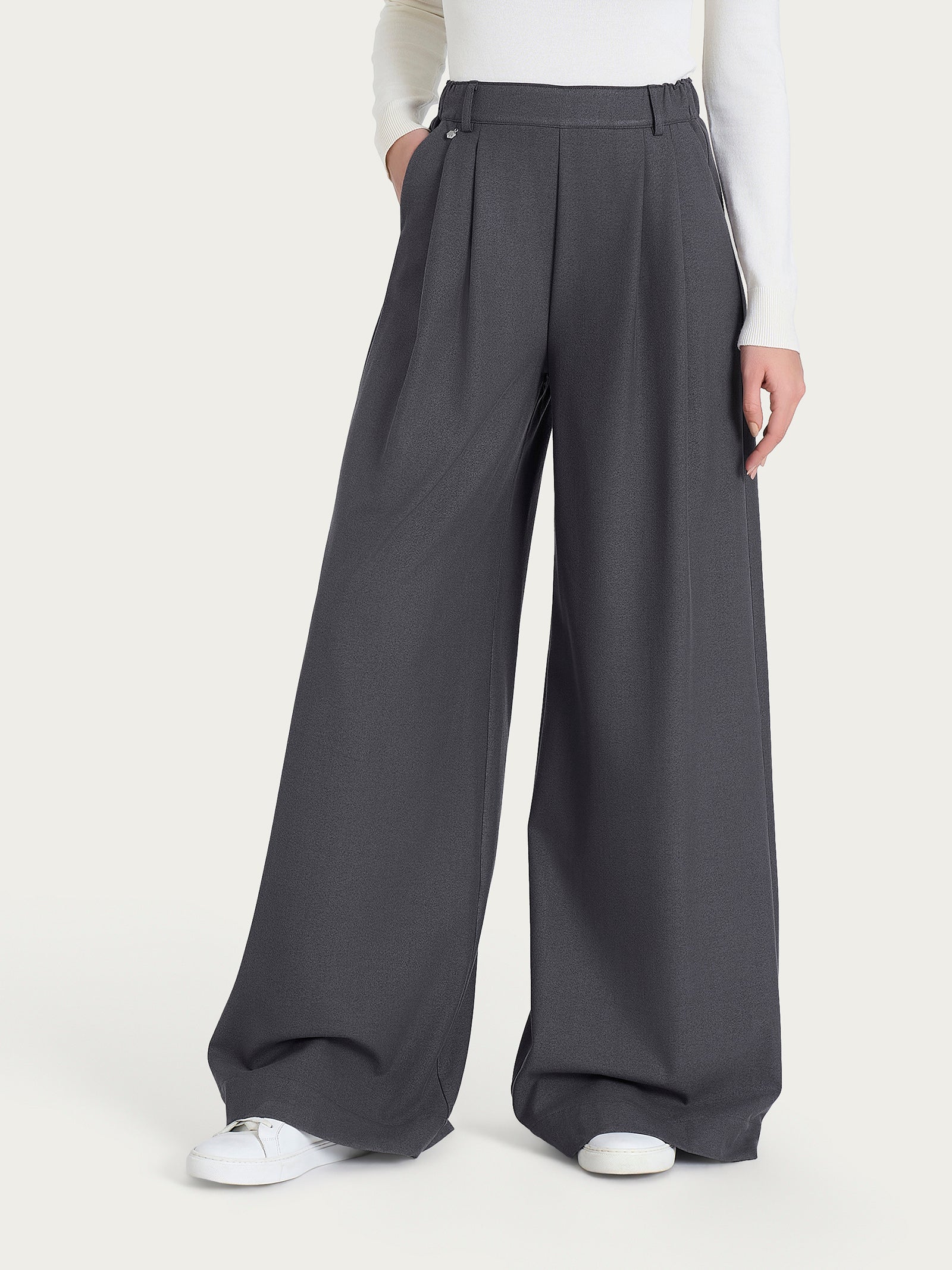 Pantalone a palazzo con tasche e pinces in Flannel Twill - Ardesia Mel.