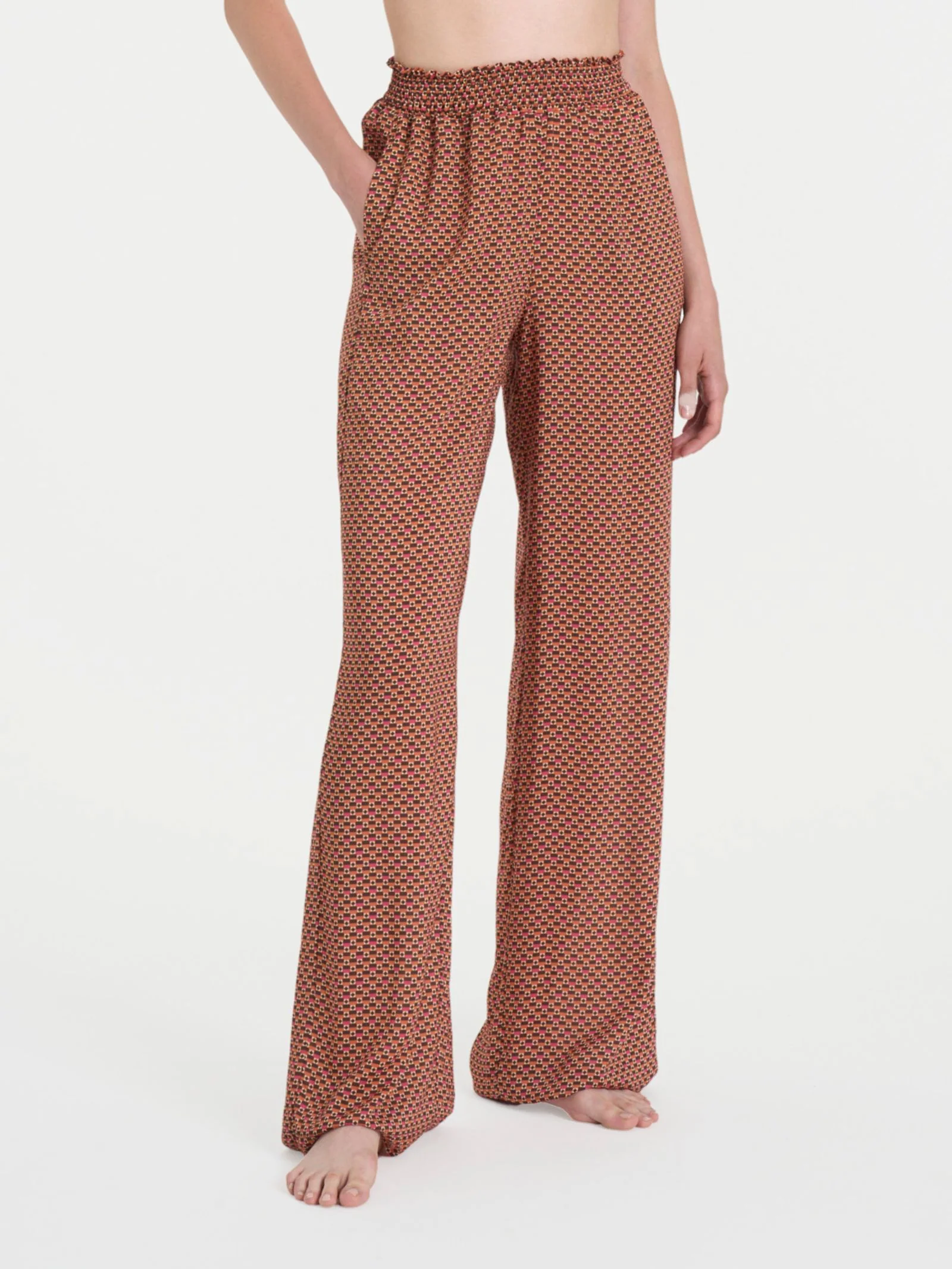 Pantalone ampio con arricciatura in fantasia in Ecoseta - Fant. Spice Route