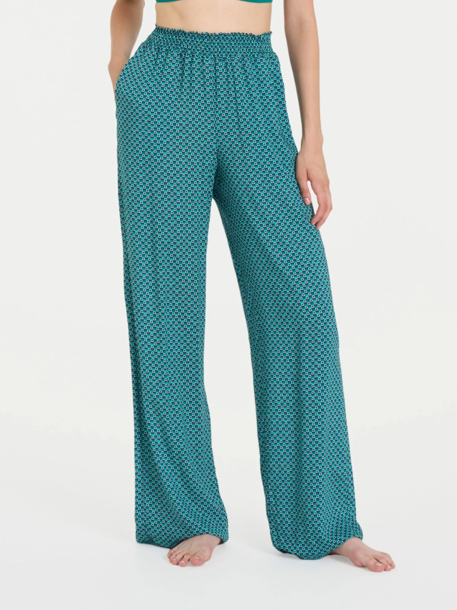 Pantalone ampio con arricciatura in fantasia in Ecoseta - Fant. Bayou