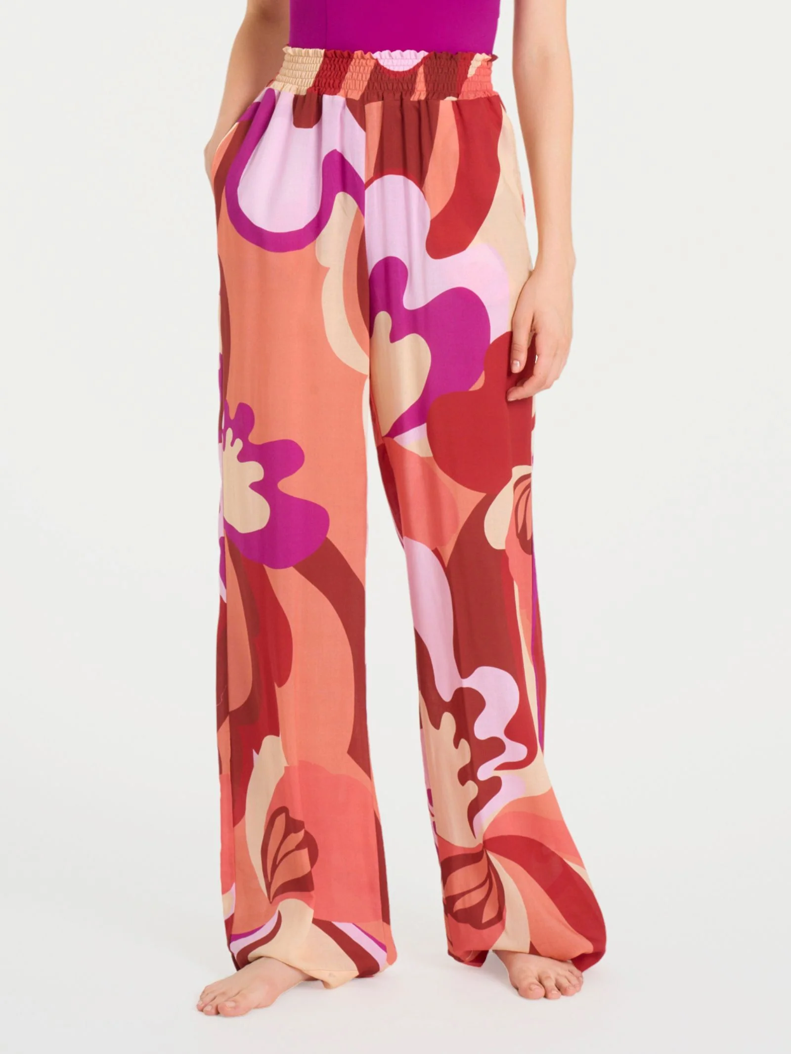 Pantalone ampio con arricciatura in fantasia in Ecoseta - Fant. Brandy Snifter