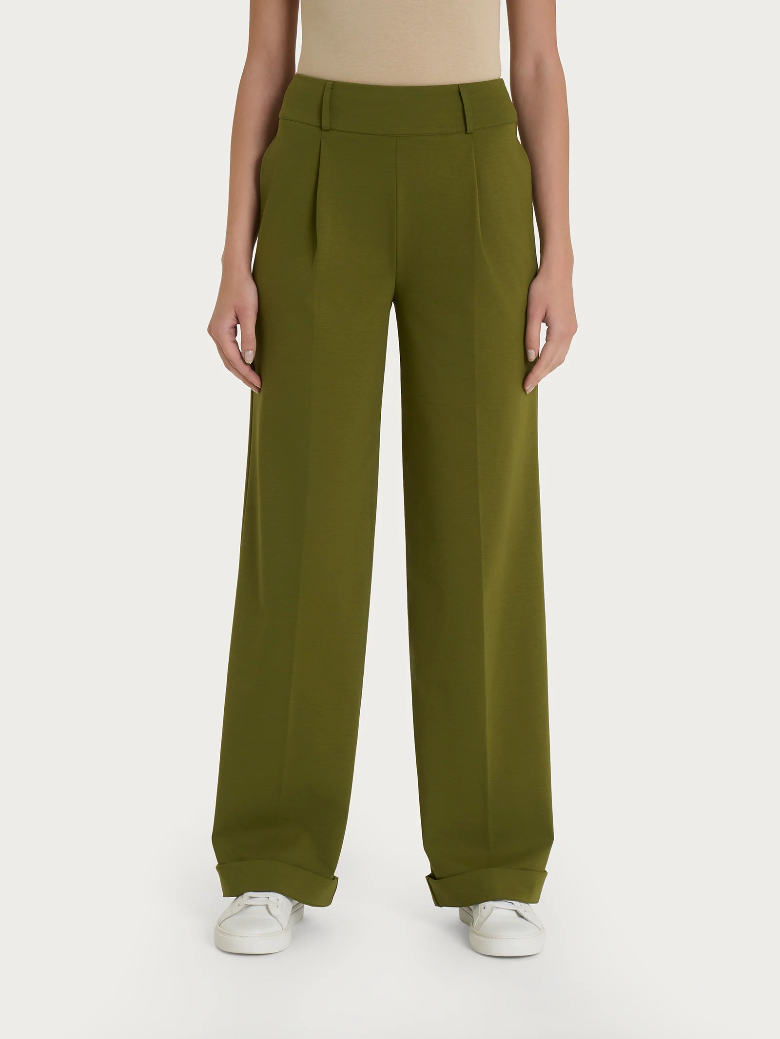 Pantalone ampio con tasche e pinces in Compact Light - Sphagnum
