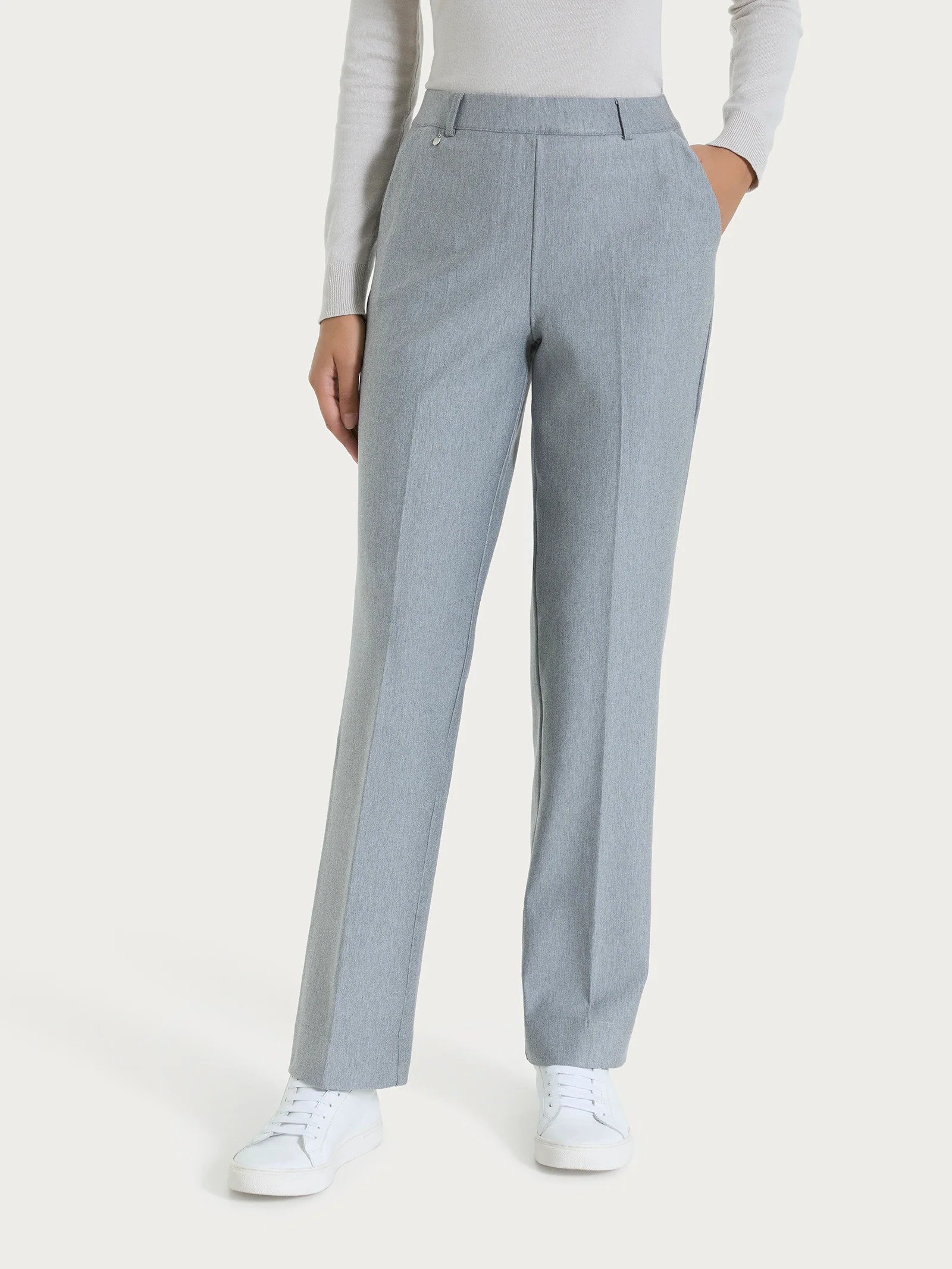 Pantalone ampio con tasche e risvolto in Compact - Grigio Mel.