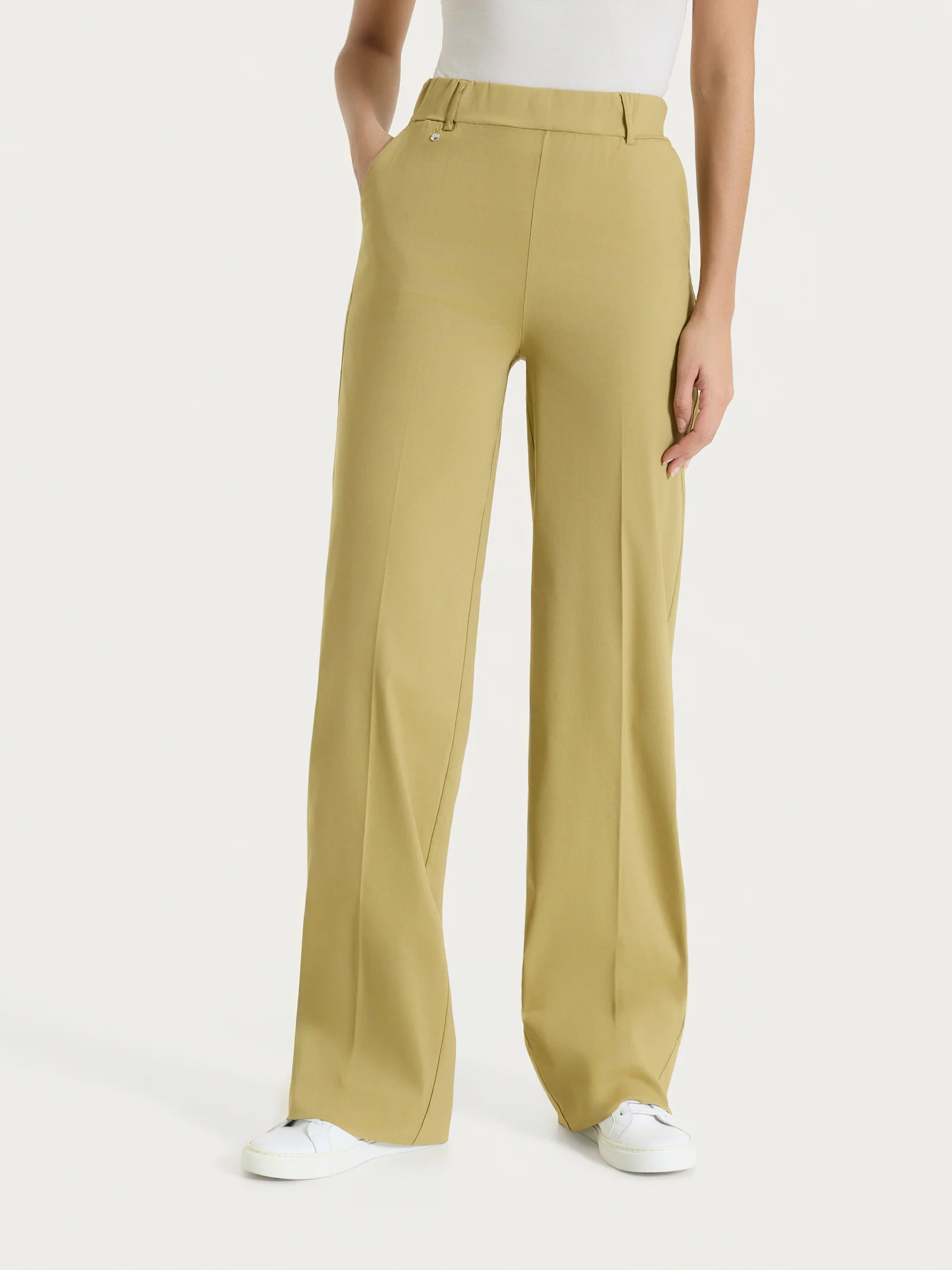 Pantalone ampio con tasche e risvolto in Super Fresh - Khaki
