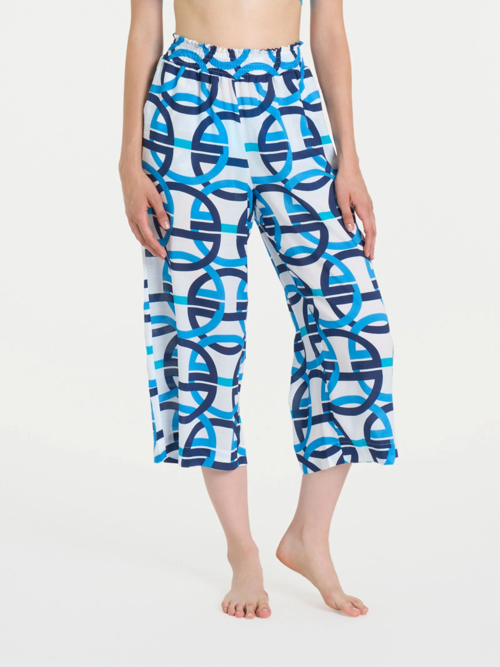 Pantalone ampio pinocchietto in fantasia in Ecoseta - Fant.Bianco