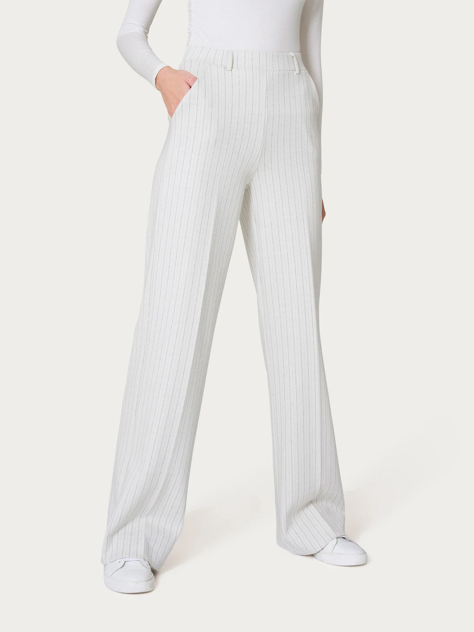 Pantalone gessato a palazzo con tasche in tessuto Eco Jacquard - Fant.Argento Mel.