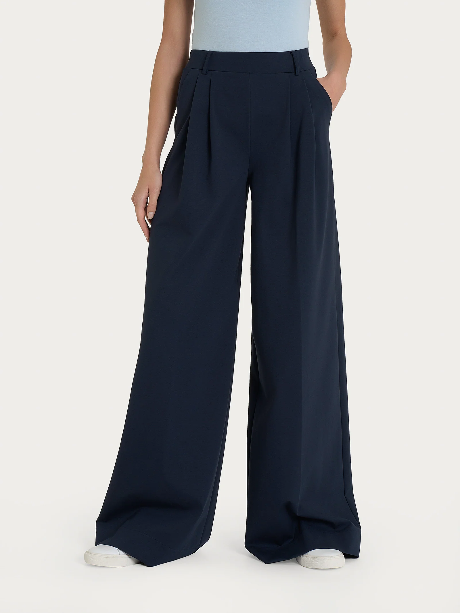 Pantalone lungo a palazzo con tasche e pinces in Compact Light - Bleu