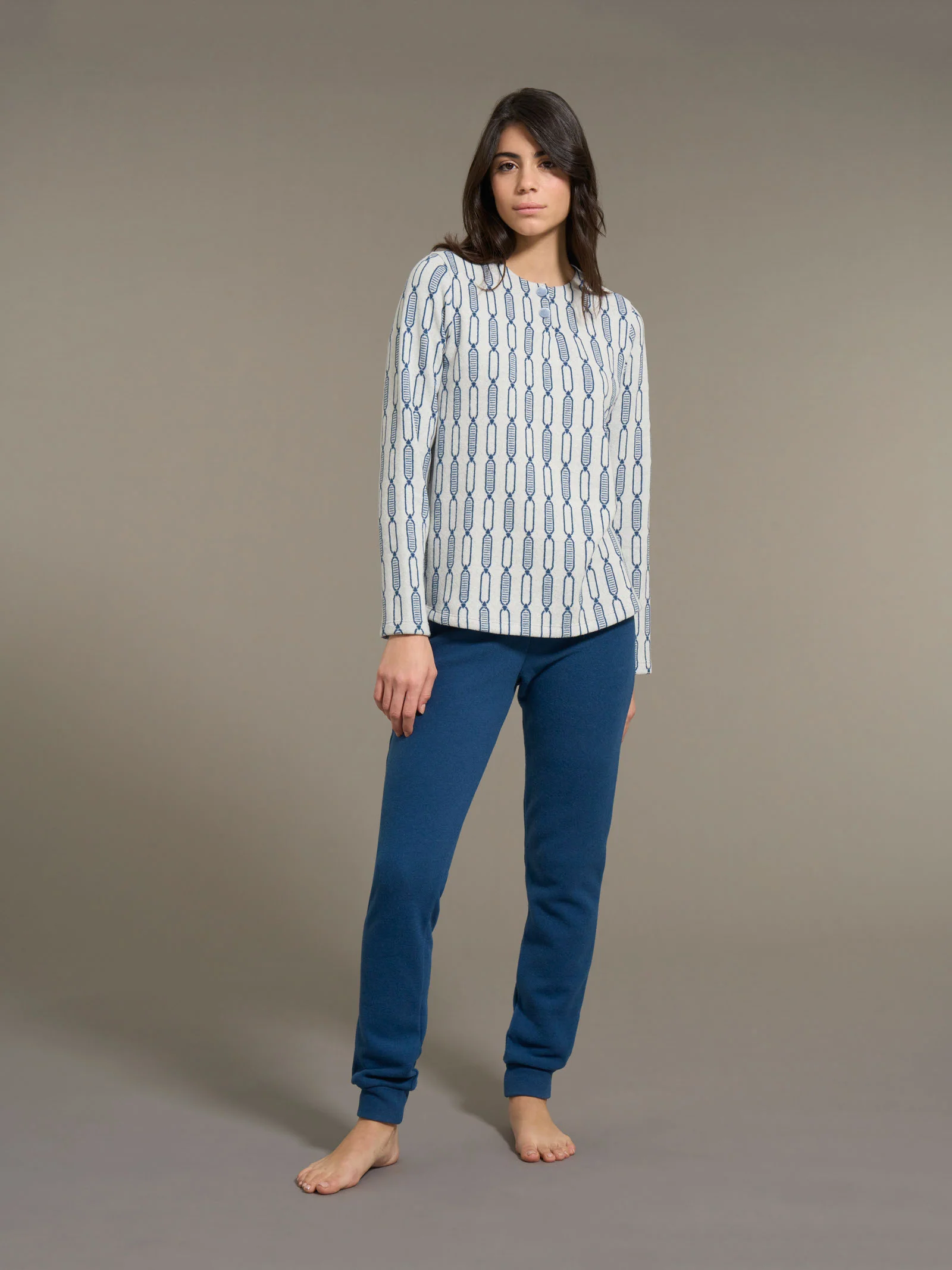 Pigiama a serafino con fantasia a catena in Cotton Eco Pile - Fant.Ottanio