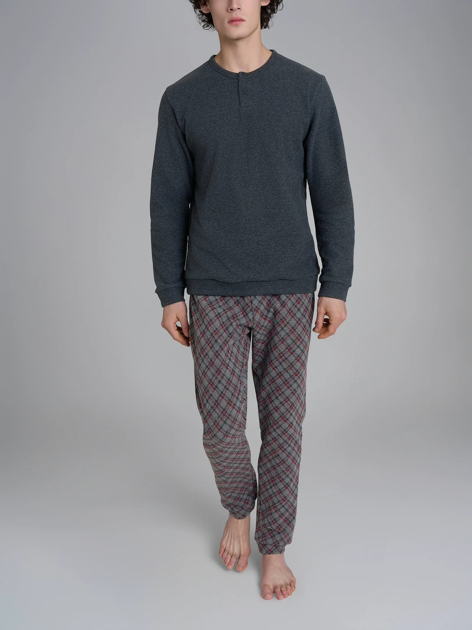 Pigiama a serafino con fantasia tartan in Cotton Eco Pile - Fant. Grey
