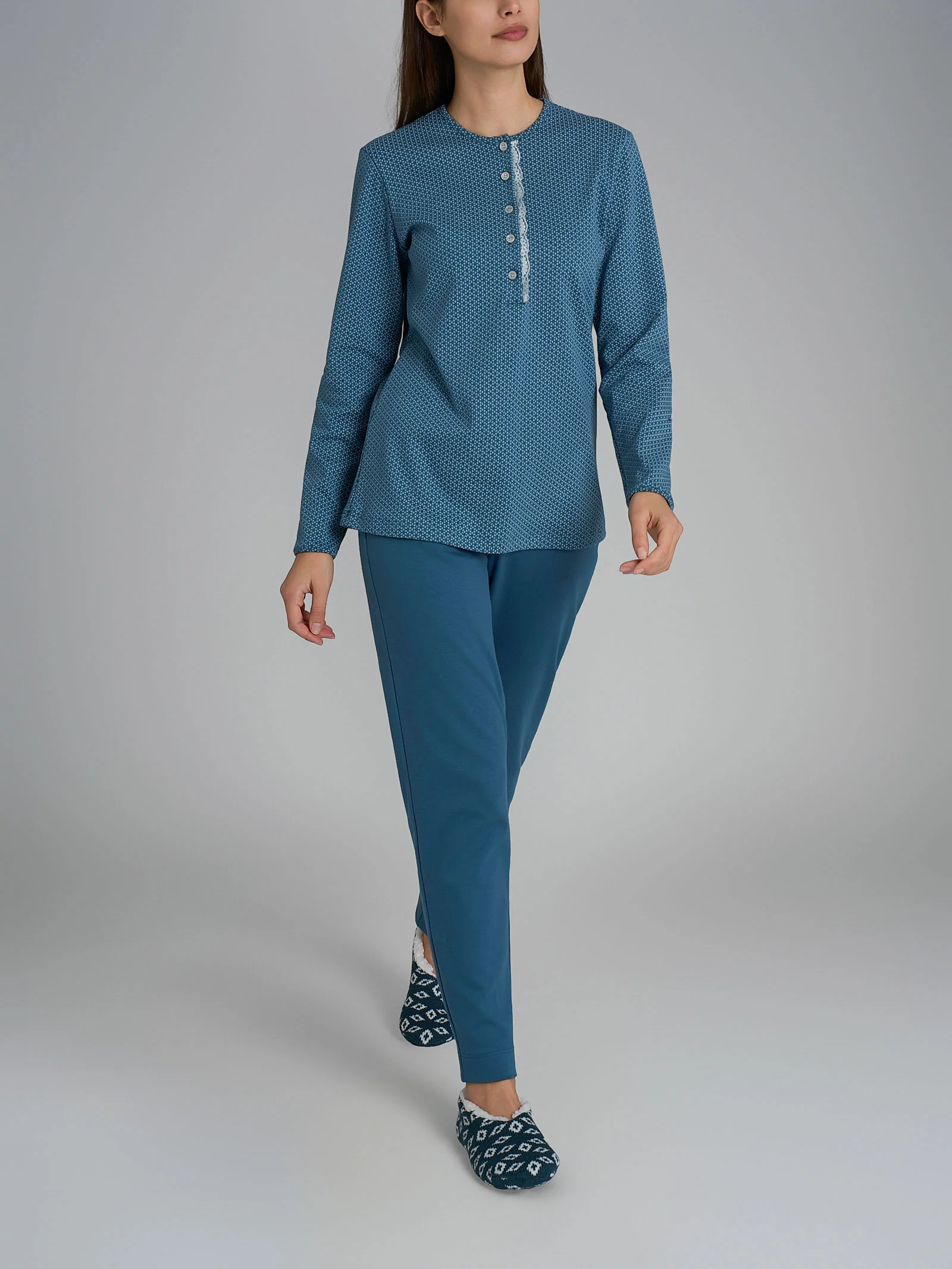 Pigiama a serafino con pizzo in Interlock di cotone 56-60 - Fant. Real Teal Micro Cravatier - Image 4