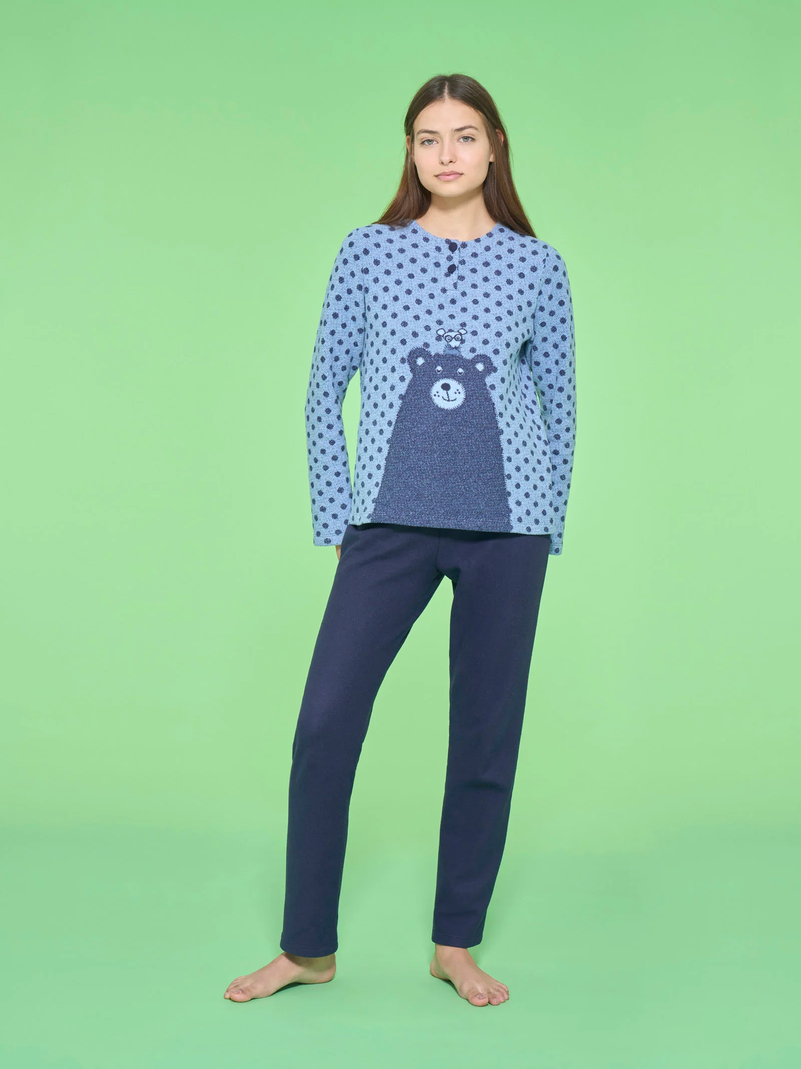 Pigiama a serafino con pois in Cotton Eco Pile - Fant.Delave' Mel.
