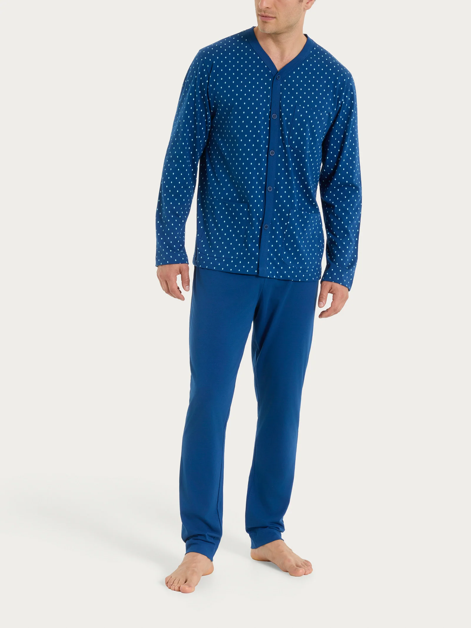 Pigiama aperto con micro rombi in Jersey di Cotone 44-56 - Fant. Navy Peony Cravatier
