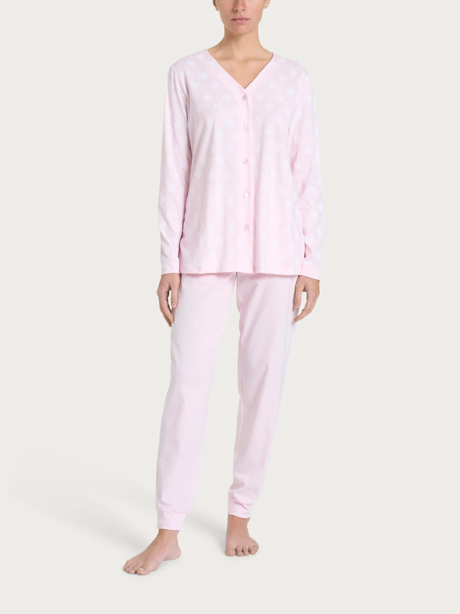 Pigiama aperto con scollo a V e soffioni in Jersey di Cotone - Fant. Pink a boo