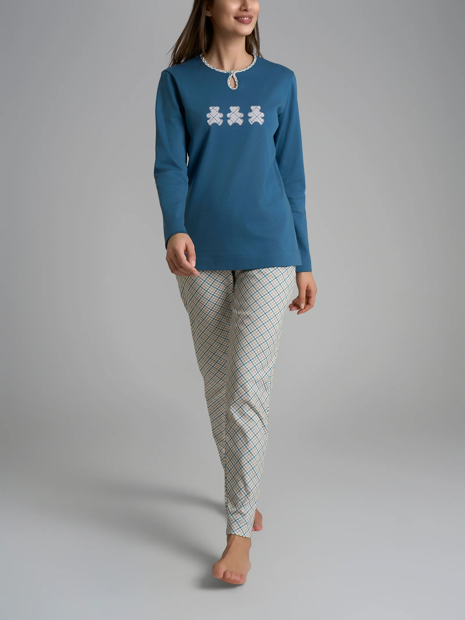 Pigiama con scollo a goccia e dettaglio in Interlock di cotone 40-54 - Fant. Real Teal Tartan