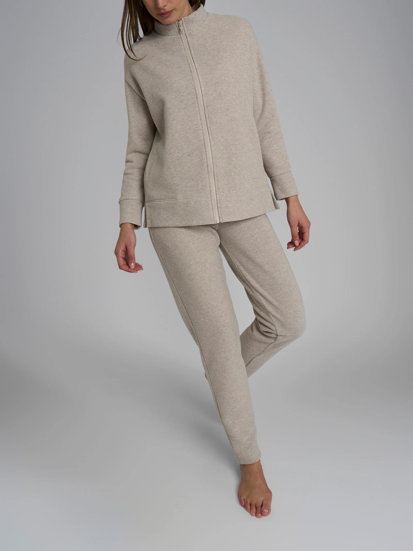 Pigiama con zip in tinta unita in Cotton Eco Pile - Cement