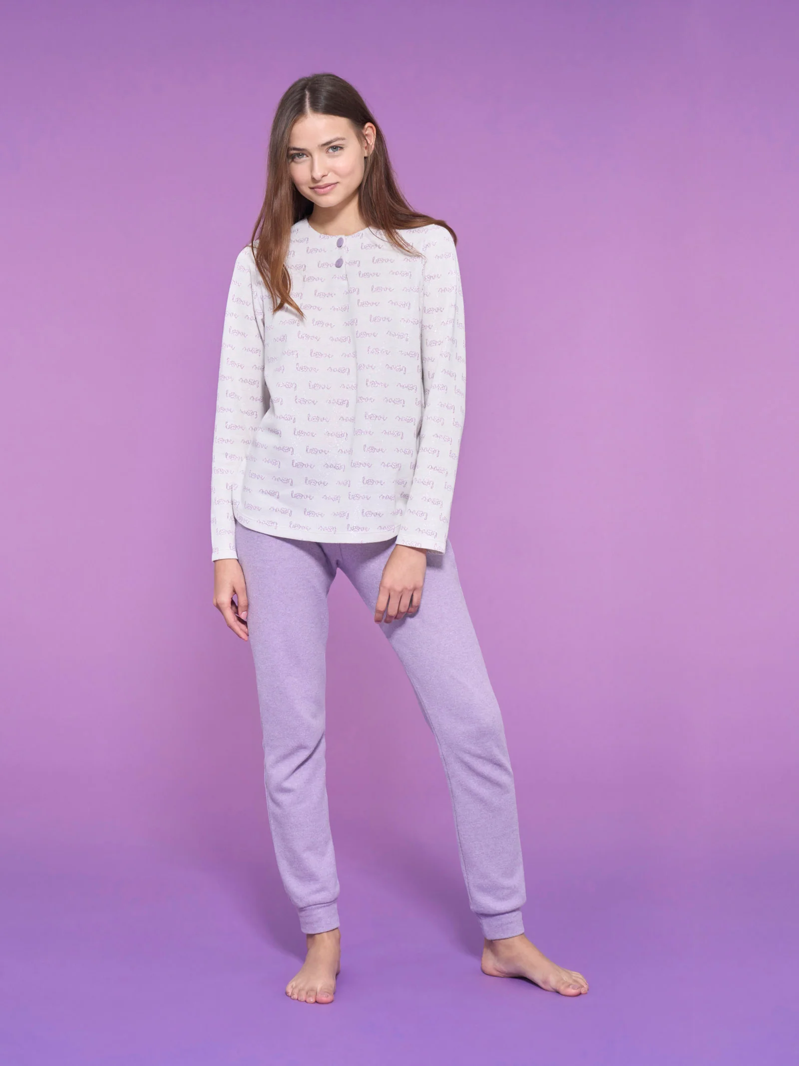 Pigiama love con collo a serafino in Cotton Eco Pile - Fant.Avorio