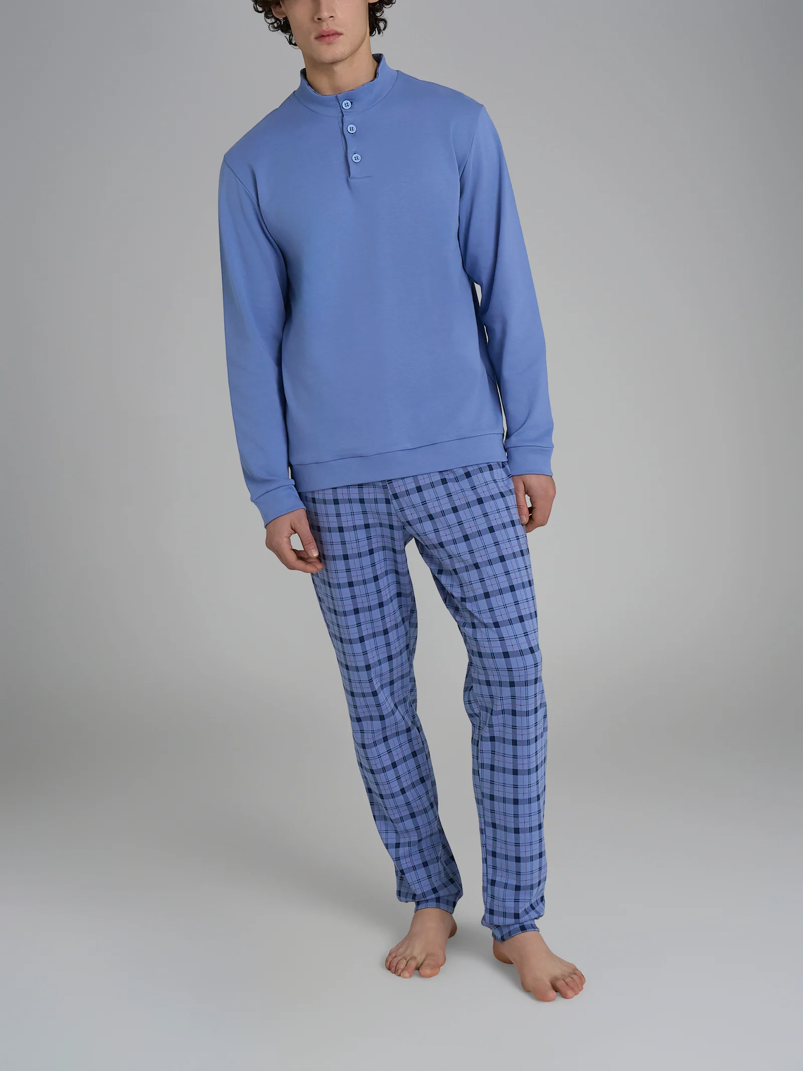 Pigiama lupetto con fantasia tartan in interlock di cotone - Fant. Colony Blue Tartan