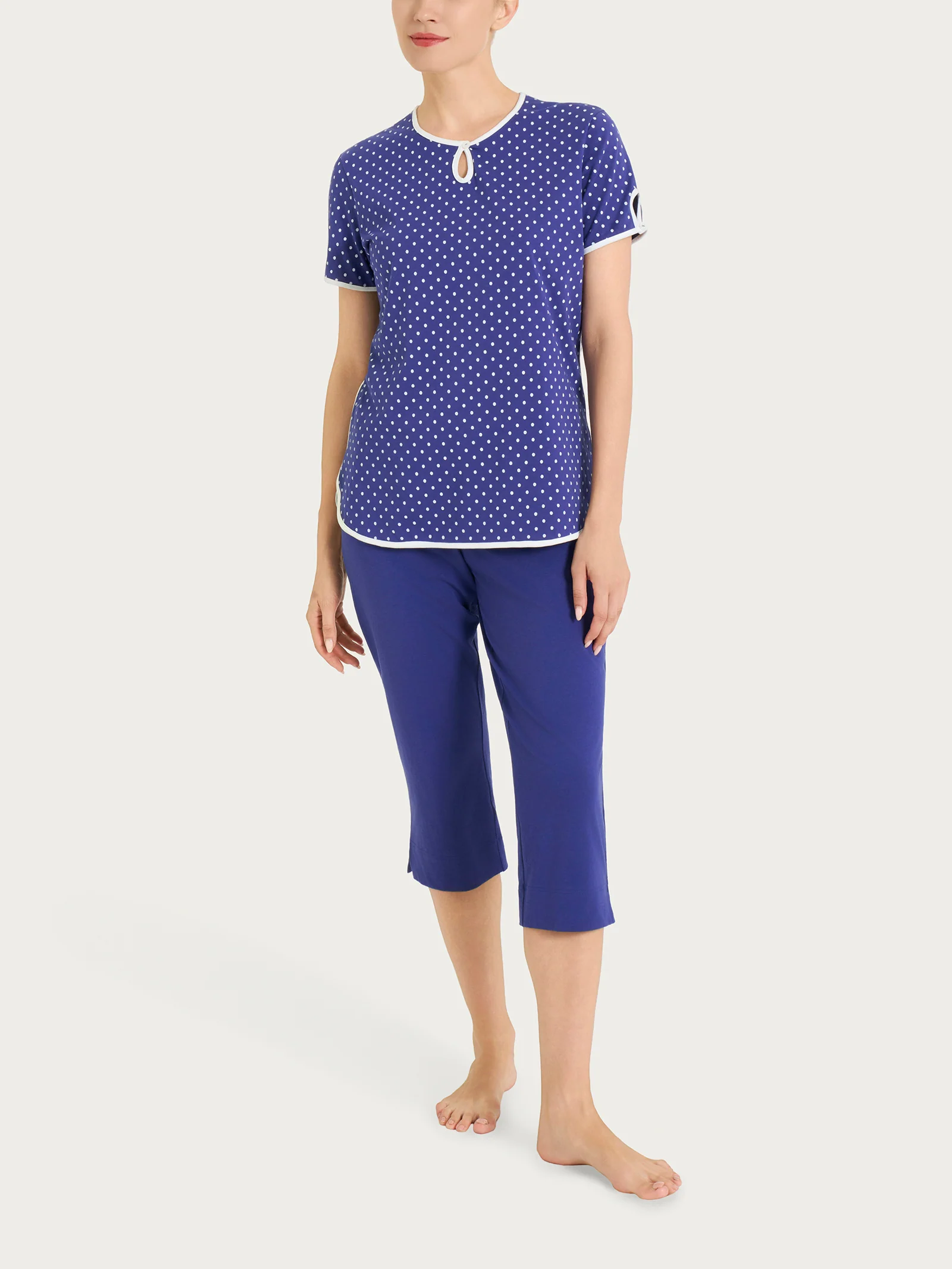 Pigiama pinocchietto a pois con scollo a goccia in Jersey di cotone - Navy Blue Pois