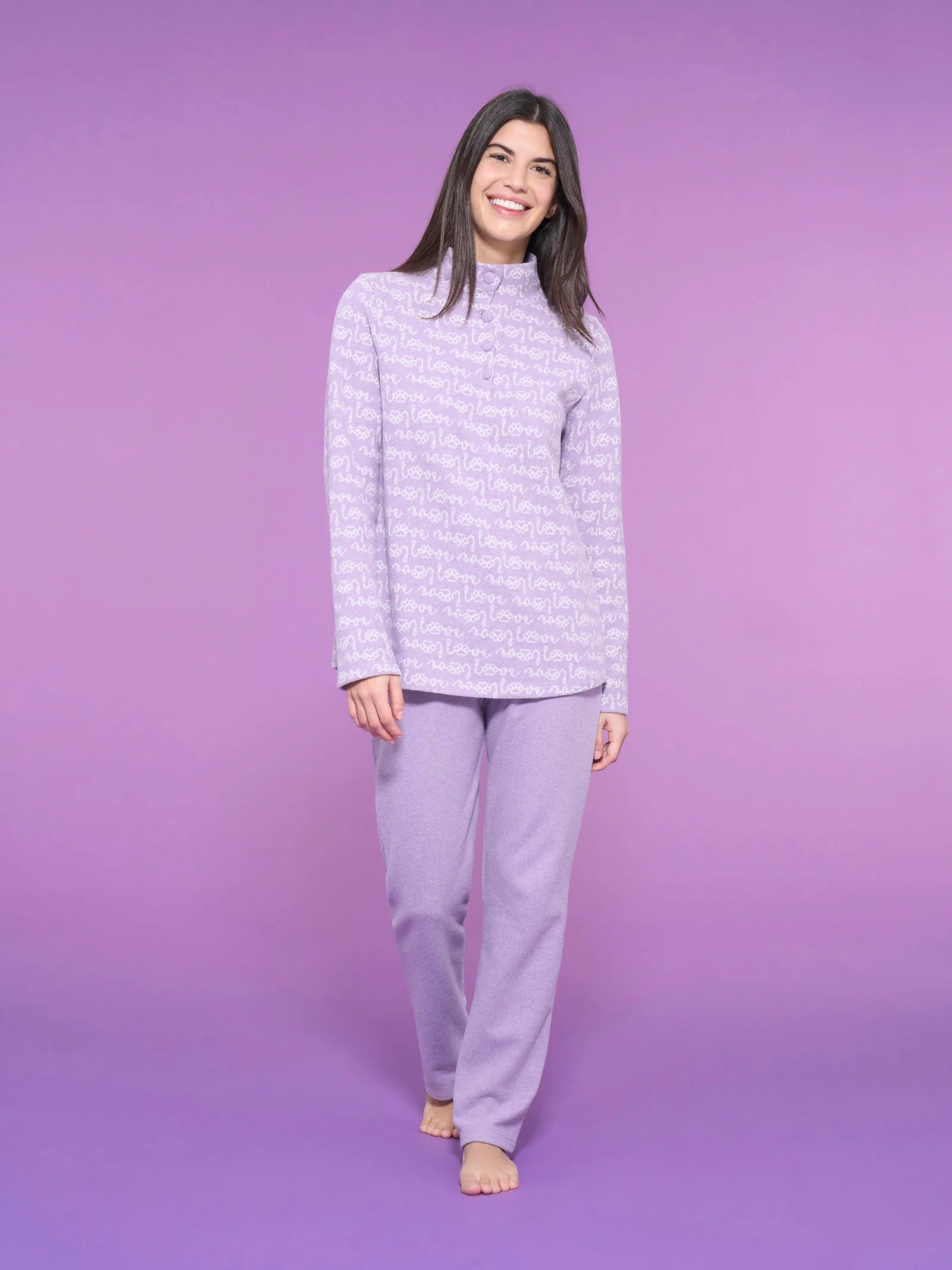 Pigiama serafino a collo alto love in Cotton Eco Pile - Fant.Lilla