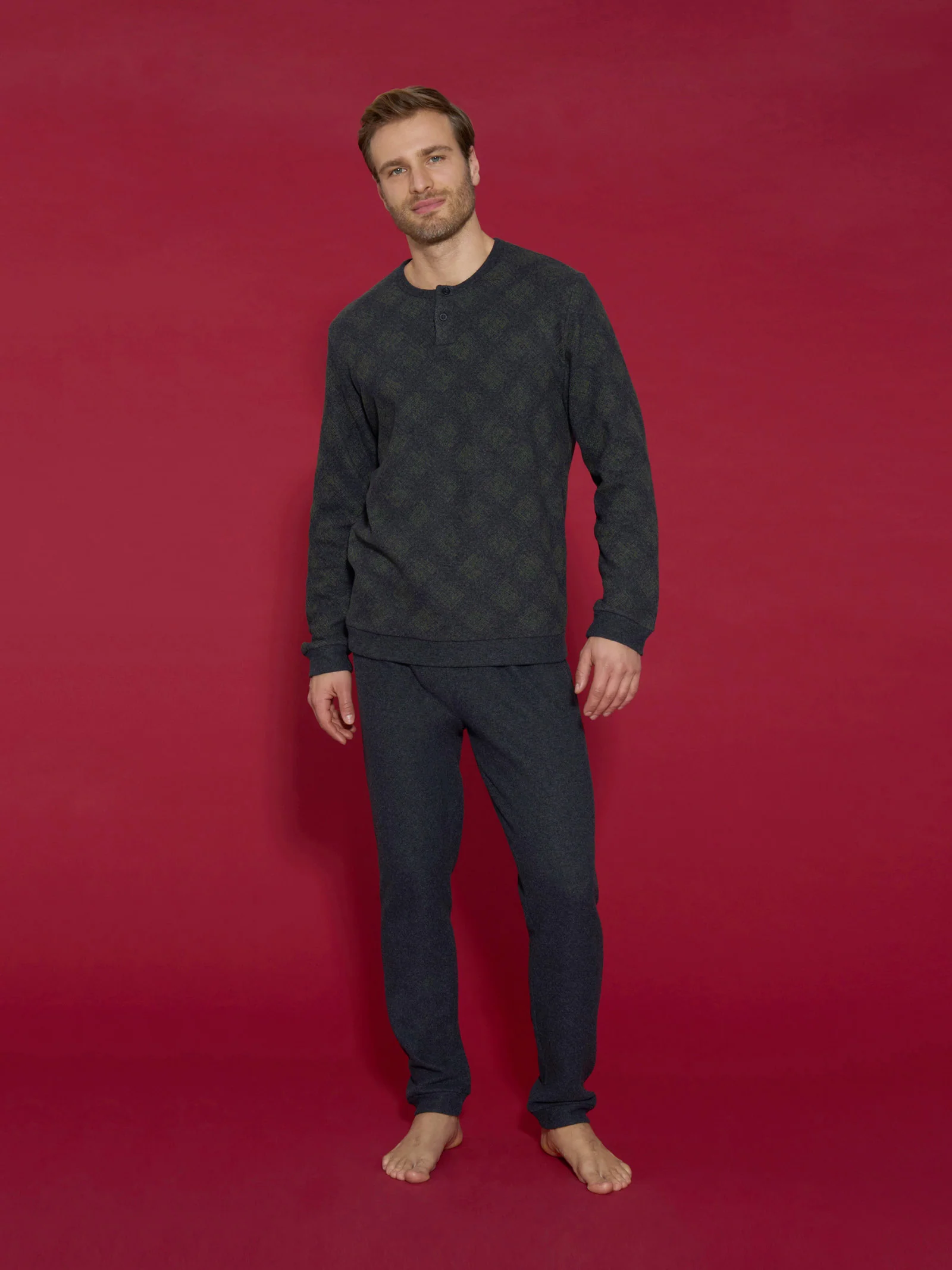 Pigiama tartan a serafino in Cotton Eco Pile - Fant. Rain Forest