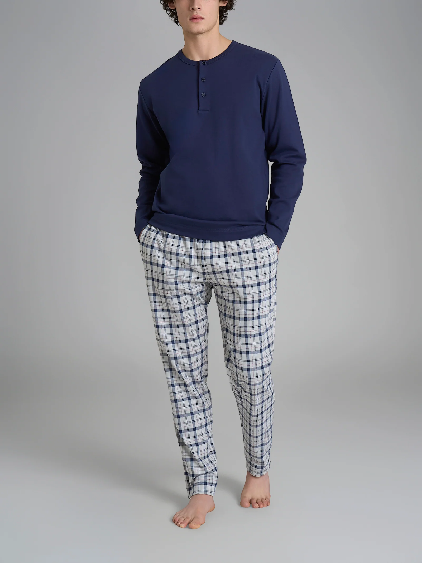Pigiama tartan a serafino in interlock di cotone - Fant.High-rise Tartan