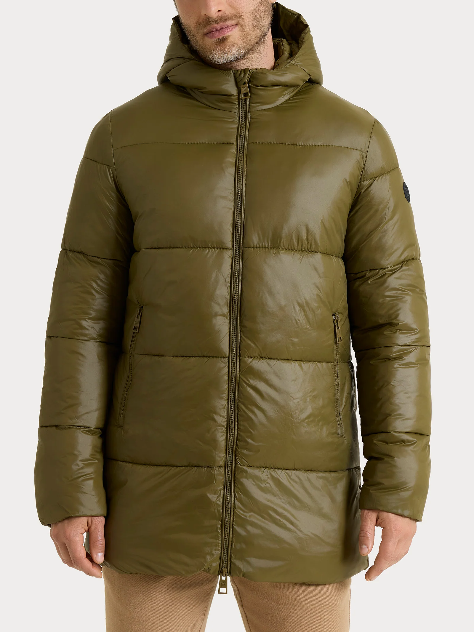 Piumino shiny con cappuccio in Vegan Down - Dark Olive